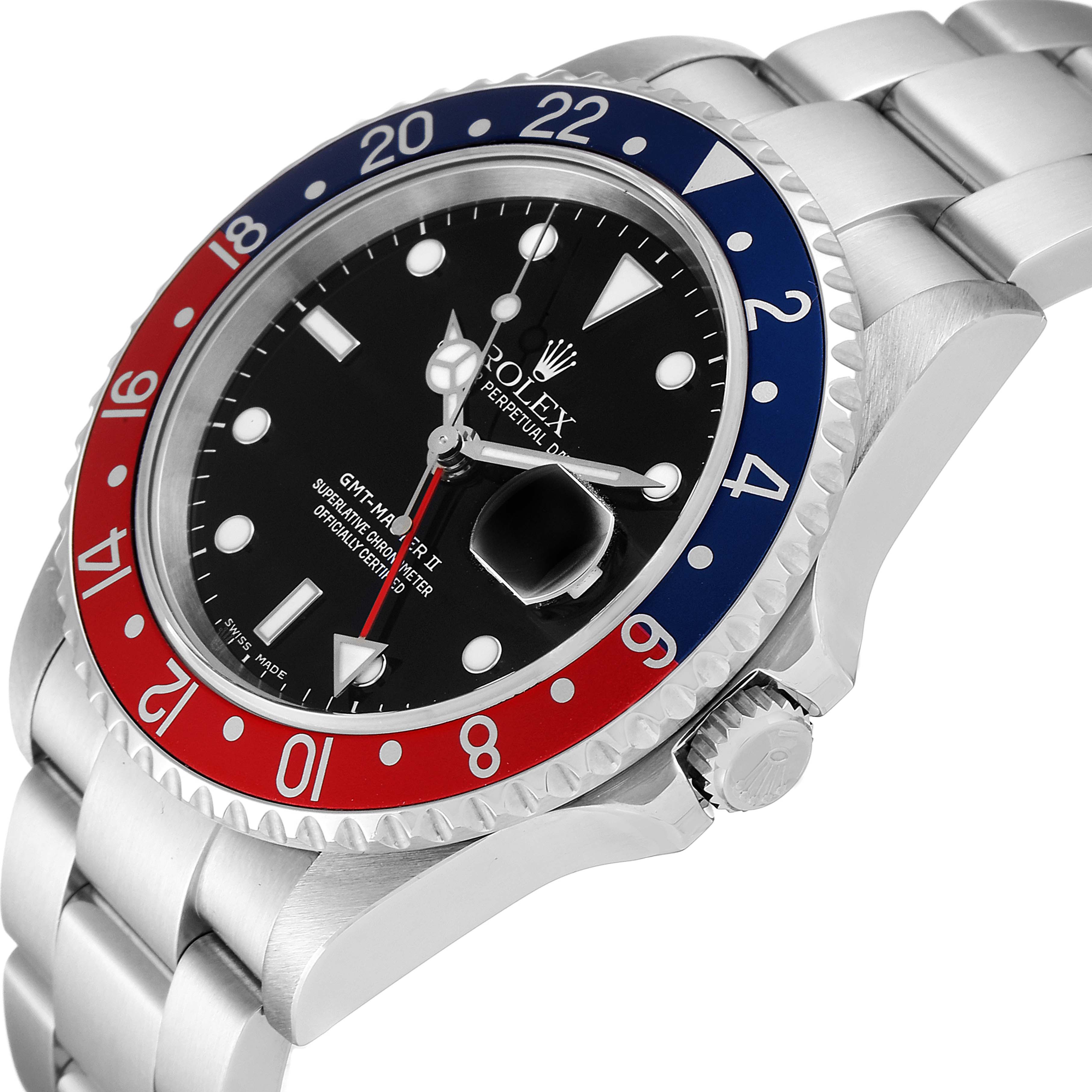 The Rolex GMT-Master 16710 Men
s Stainless Steel Black Dial 16710 Men
s Stainless Steel Black Dial watch is shown from an angled side view, displaying the bezel, dial, crown, and part of the bracelet.
