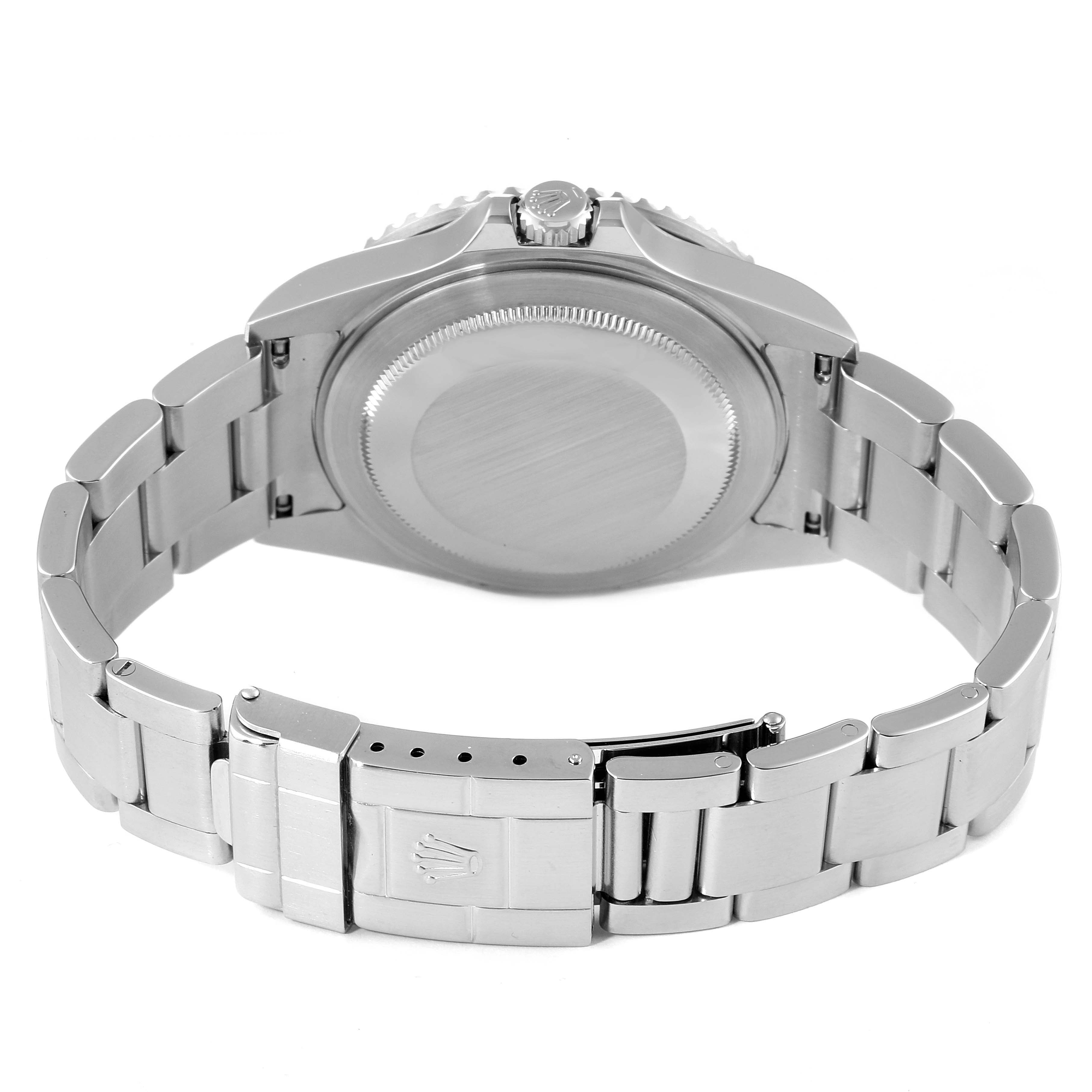 The image shows the back view of the Rolex GMT-Master 16710 Men
s Stainless Steel Black Dial 16710 Men
s Stainless Steel Black Dial watch, highlighting the case back and bracelet with clasp.