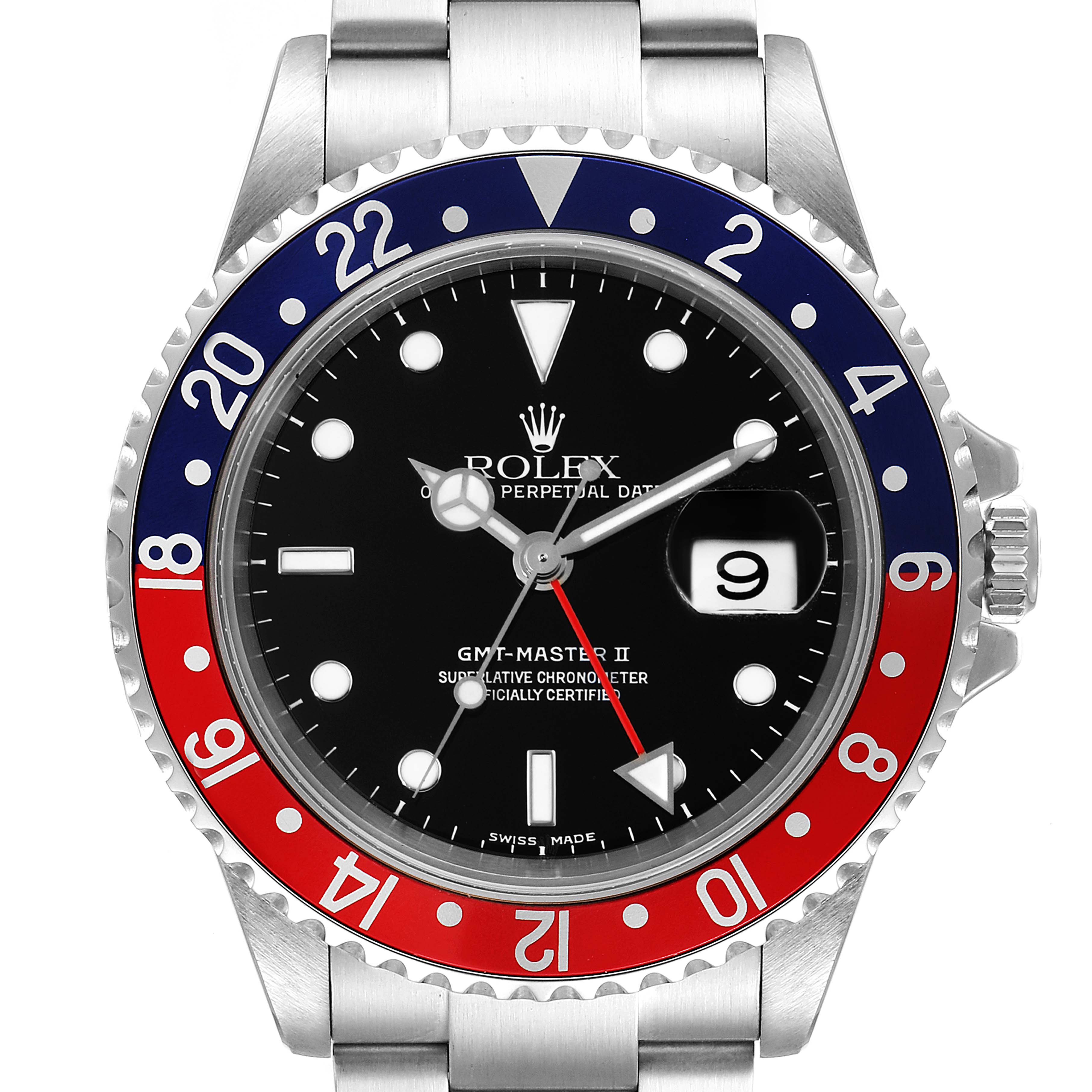 The image shows a front view of the Rolex GMT-Master 16710 Men
s Stainless Steel Black Dial 16710 Men
s Stainless Steel Black Dial II watch, detailing the bezel, dial, hands, date window, and part of the bracelet.