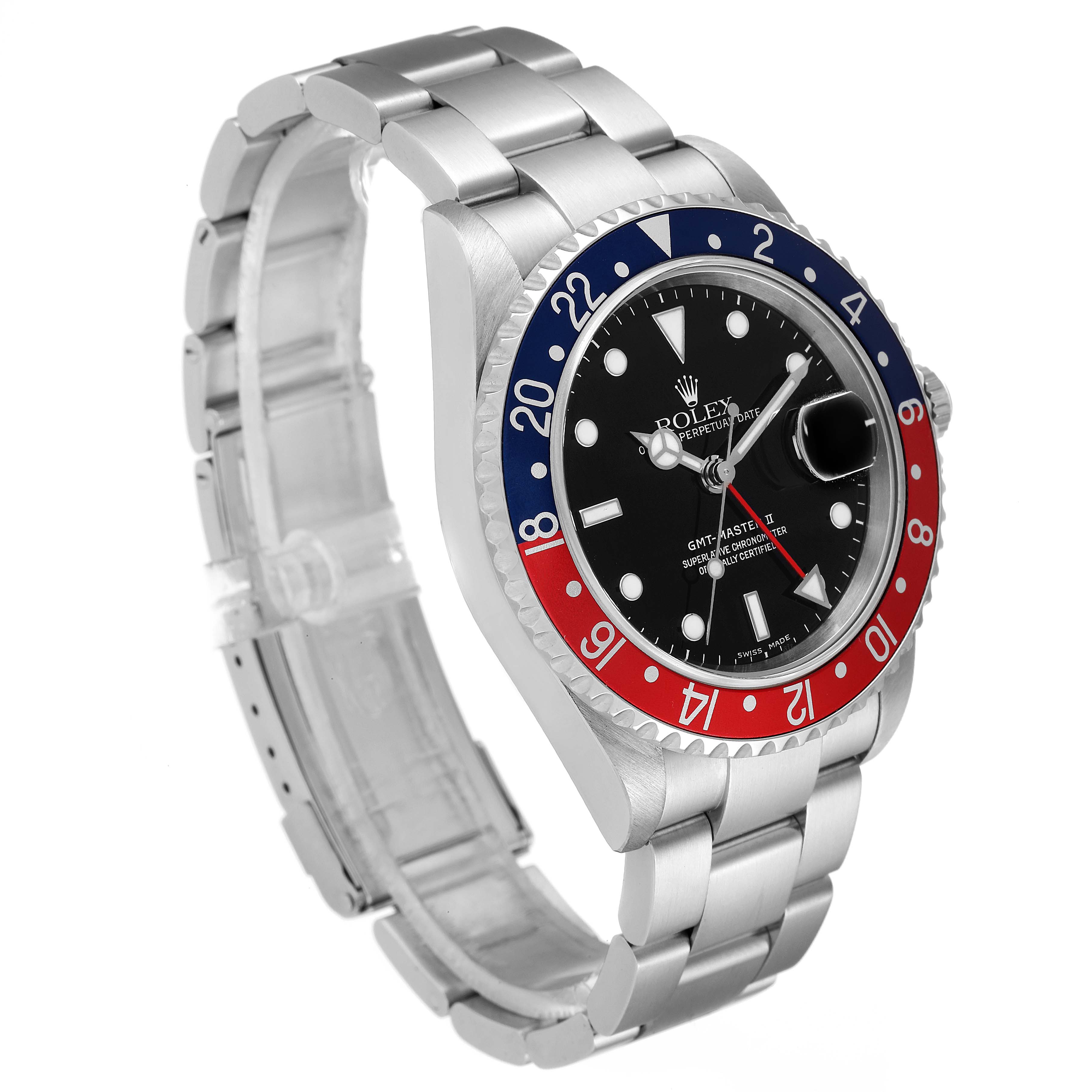 This image shows a Rolex GMT-Master 16710 Men
s Stainless Steel Black Dial 16710 Men
s Stainless Steel Black Dial watch at a side angle, highlighting its bezel, dial, and bracelet.