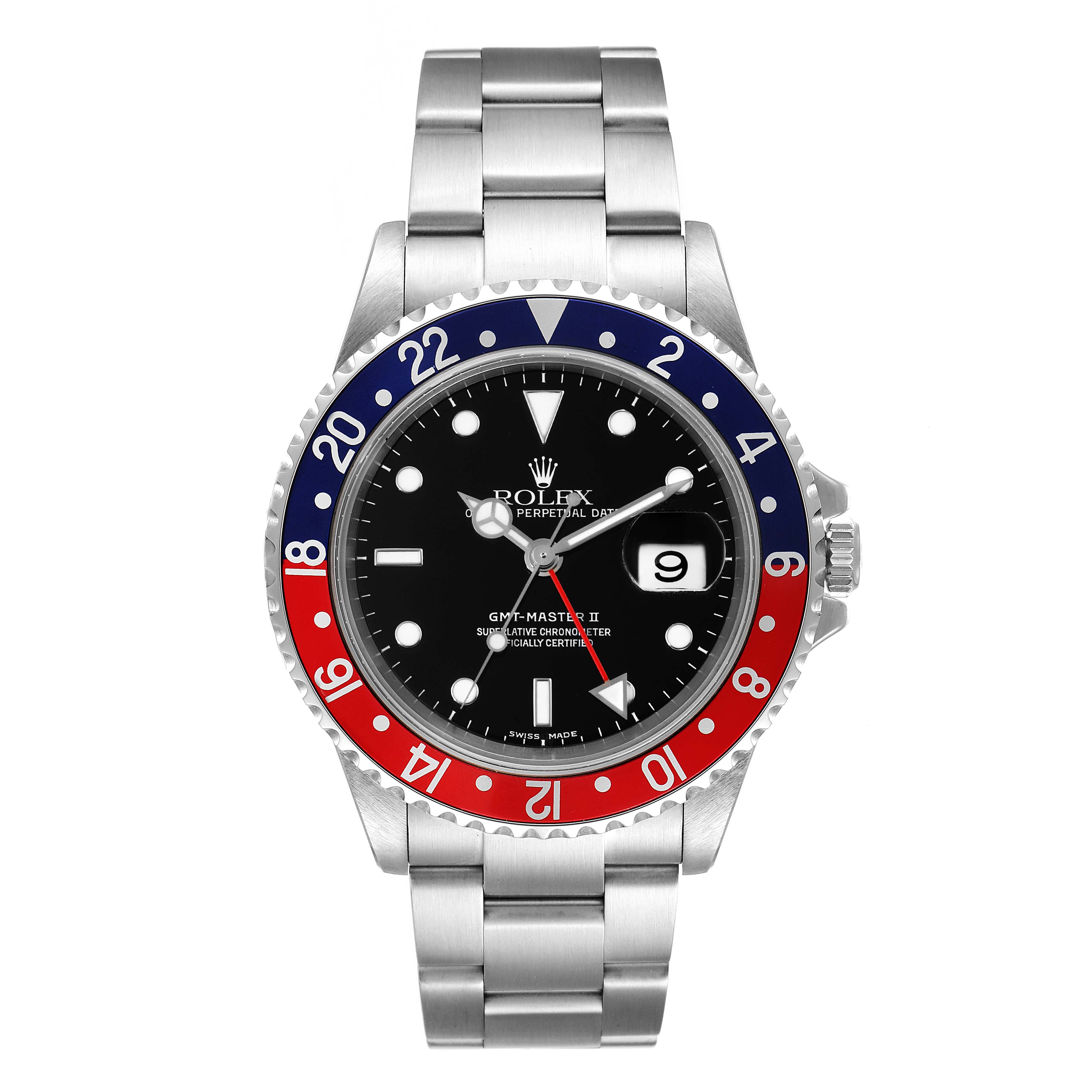 The Rolex GMT-Master 16710 Men
s Stainless Steel Black Dial 16710 Men
s Stainless Steel Black Dial II watch is shown from the front, displaying the face, bezel, and bracelet.