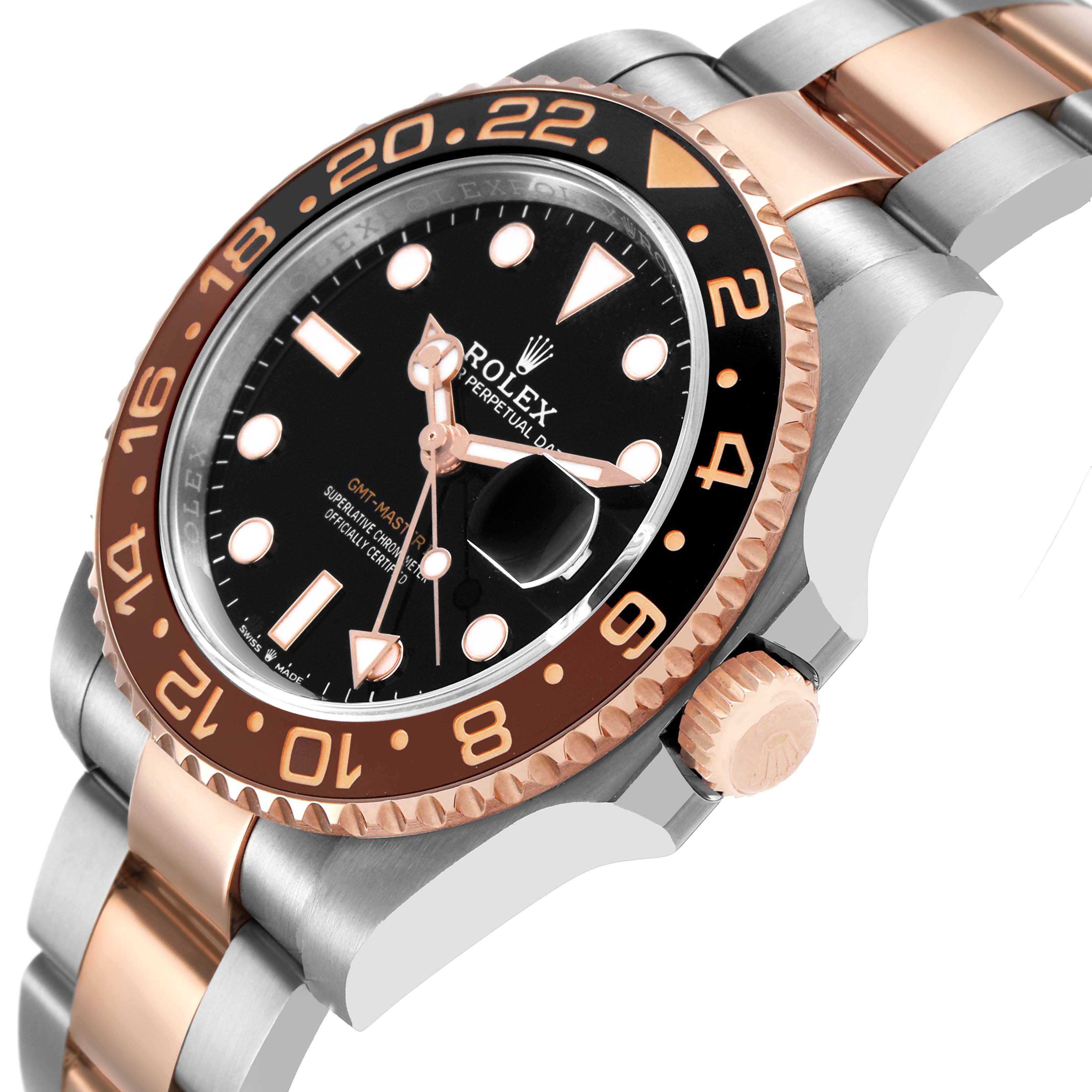 The image shows a Rolex GMT-Master 126711 Men's Steel and Gold (two tone) Black Dial watch at a side angle, highlighting the bezel, dial, crown, and bracelet.