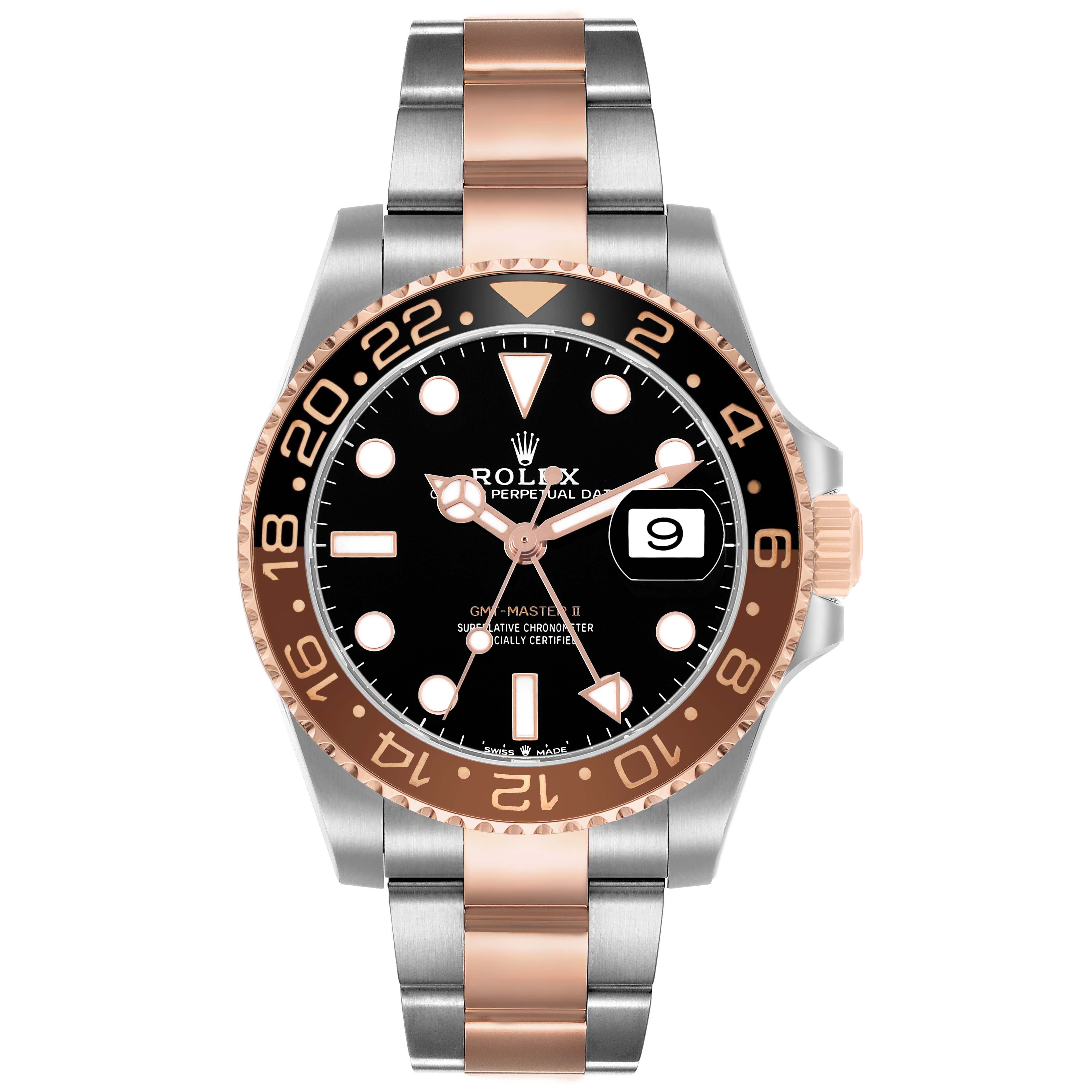 The image shows a front view of the Rolex GMT-Master 126711 Men's Steel and Gold (two tone) Black Dial II watch, highlighting the dial, bezel, and bracelet.
