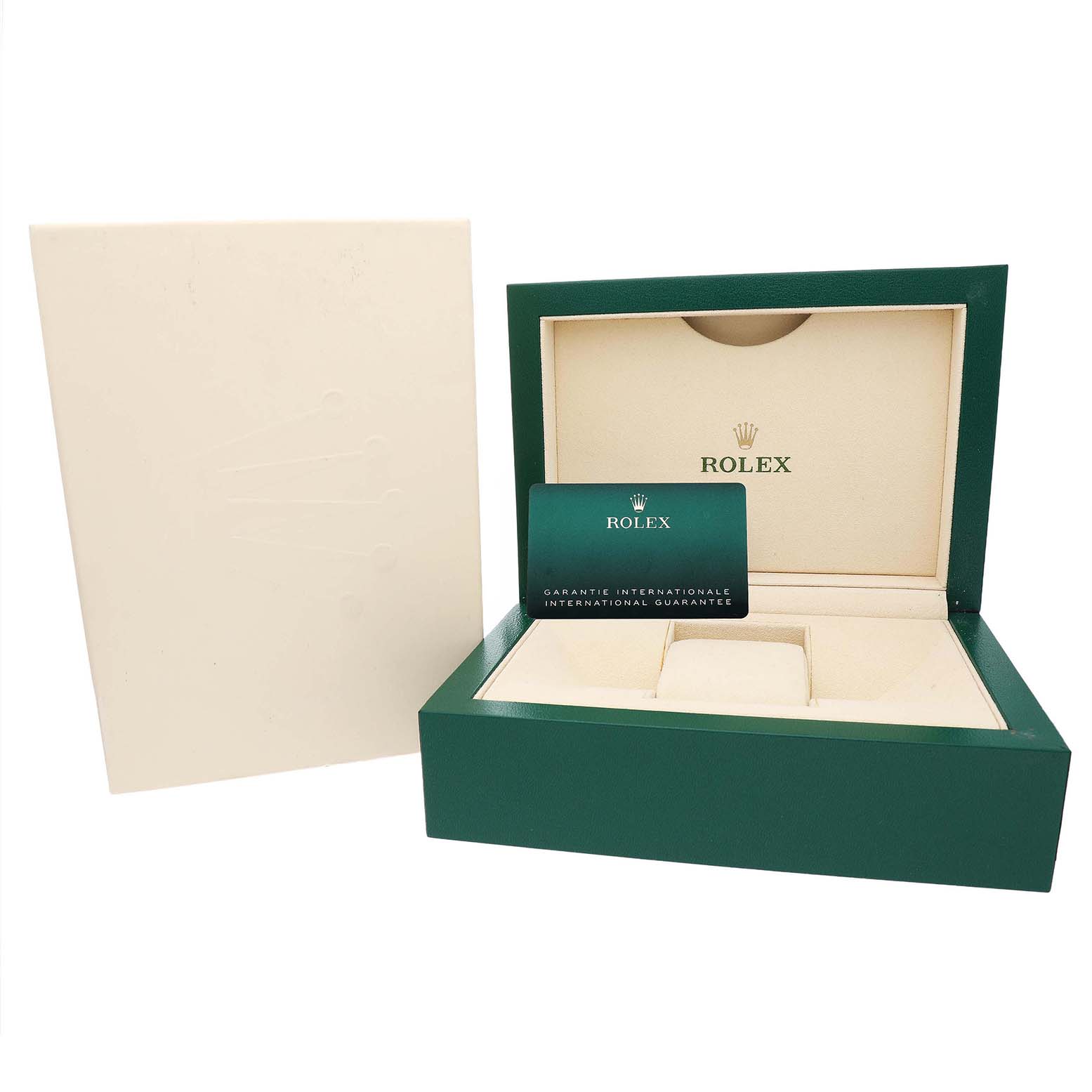 The image shows a Rolex GMT-Master 126711 Men's Steel and Gold (two tone) Black Dial watch box and international guarantee card from a front angle.