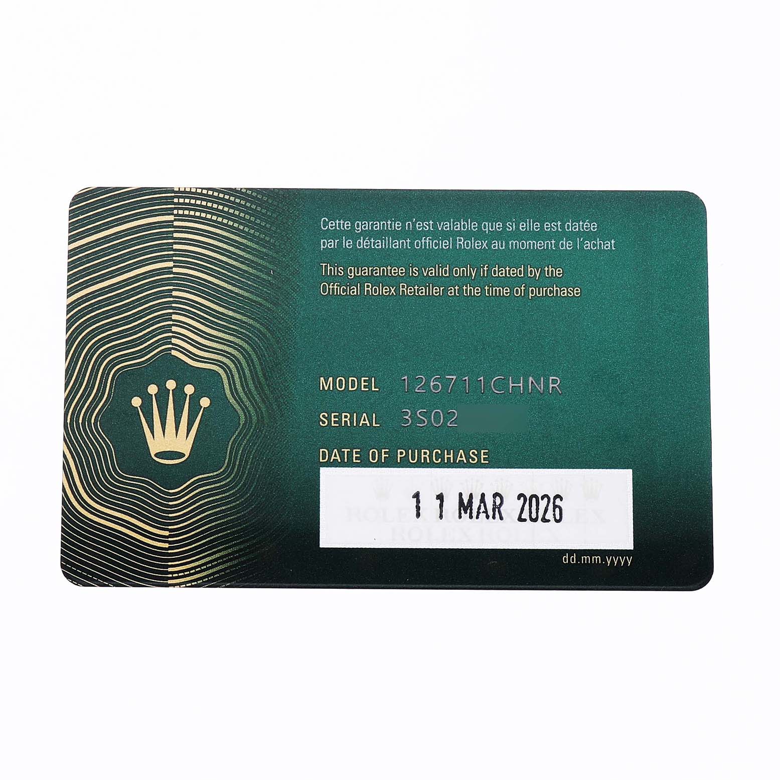 The image shows a warranty card for the Rolex GMT-Master 126711 Men's Steel and Gold (two tone) Black Dial model.