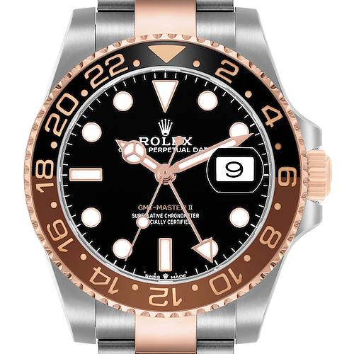 The image shows a frontal view of the Rolex GMT-Master 126711 Men's Steel and Gold (two tone) Black Dial II watch, displaying the bezel, dial, hands, and bracelet.