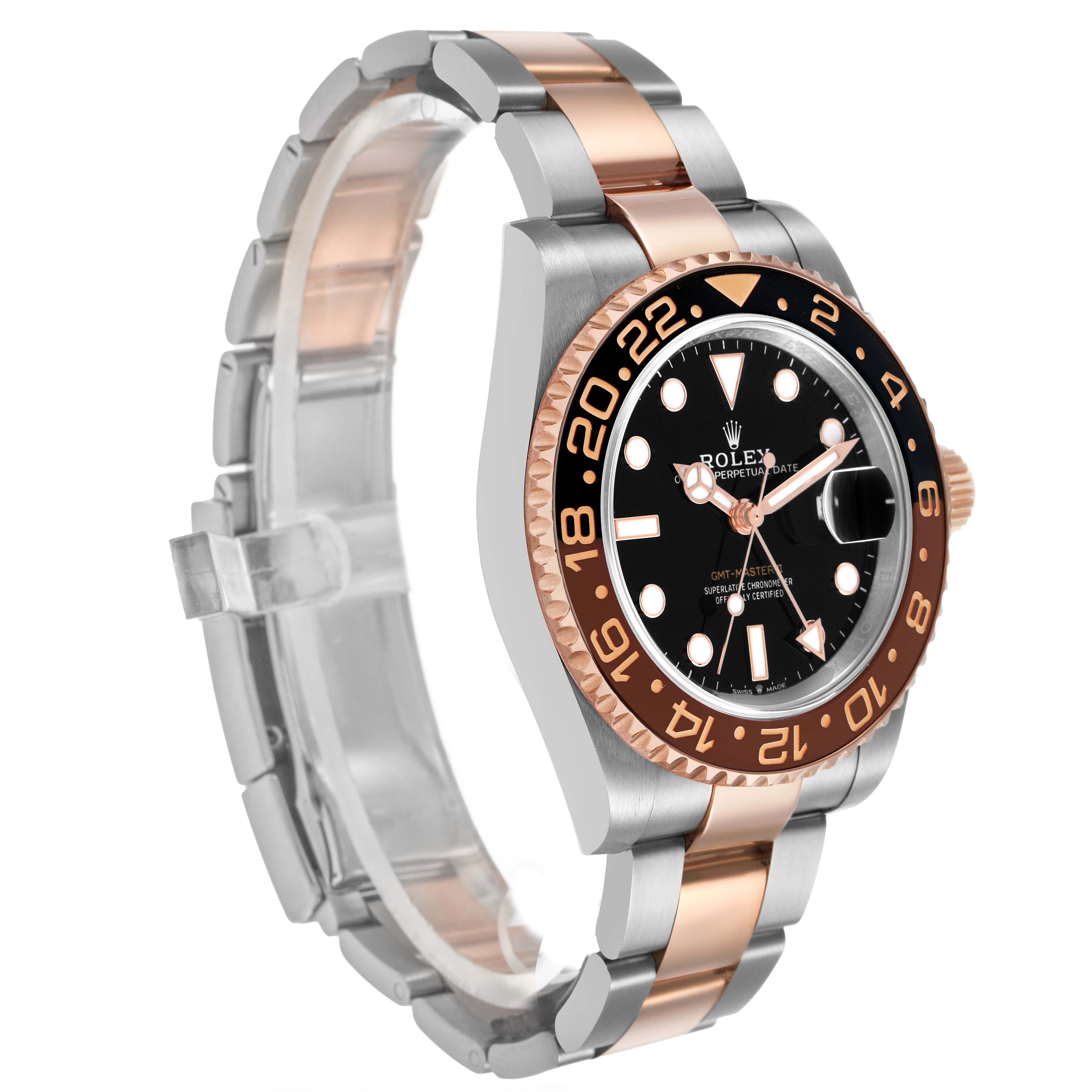 The Rolex GMT-Master 126711 Men's Steel and Gold (two tone) Black Dial watch is shown at a slight angle displaying the face, bezel, and part of the bracelet.