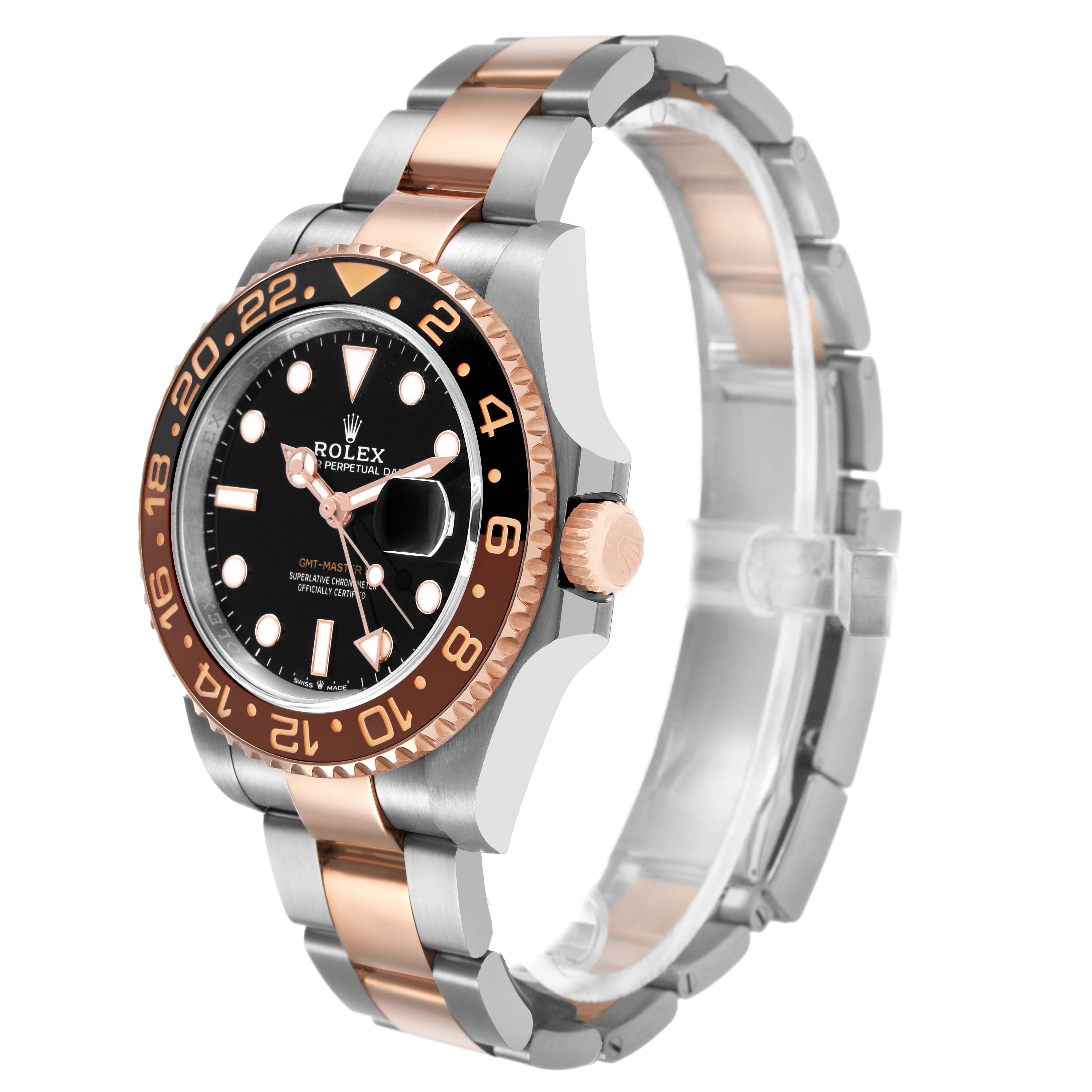 The Rolex GMT-Master 126711 Men's Steel and Gold (two tone) Black Dial watch is shown at a three-quarter angle highlighting the dial, bezel, crown, and bracelet.