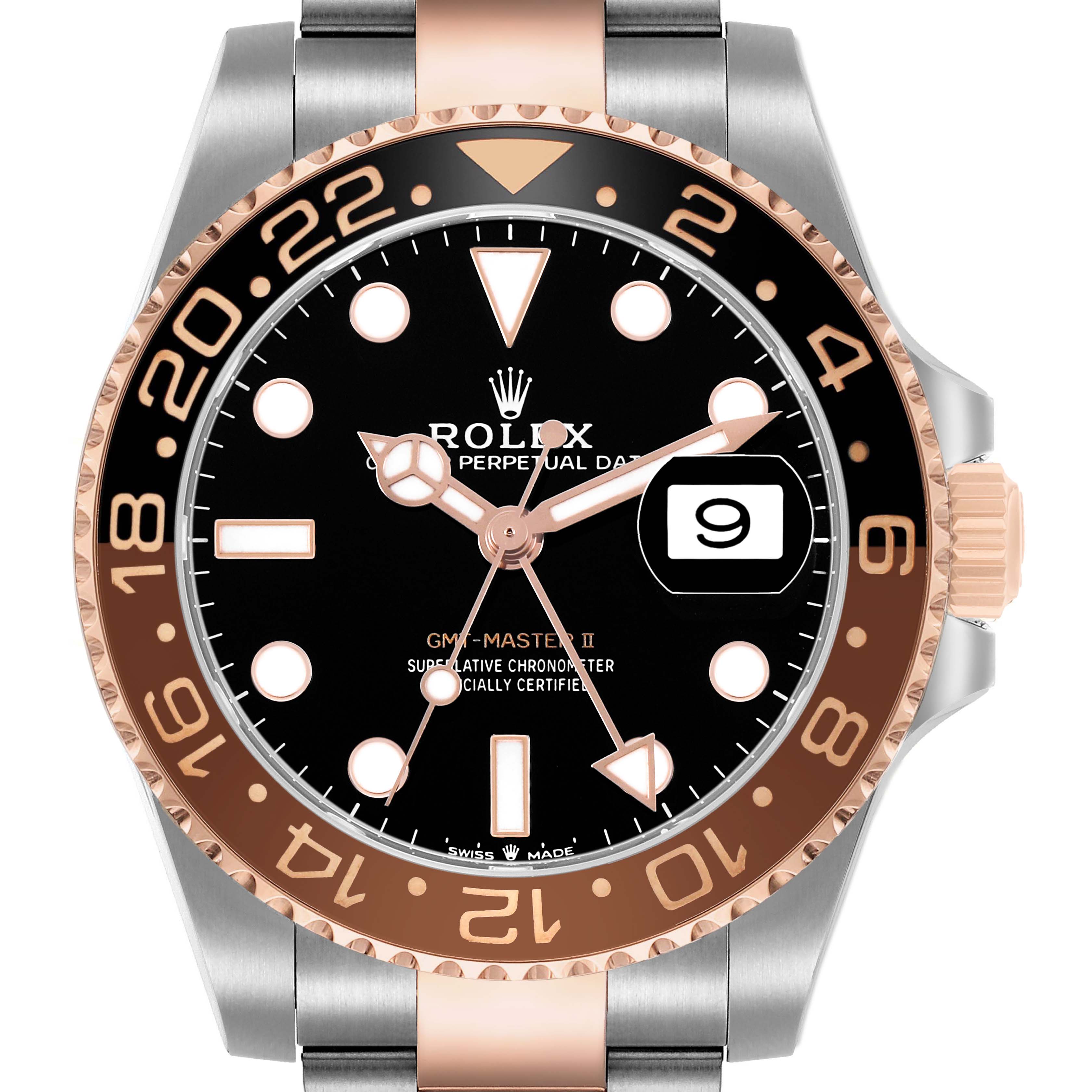 The Rolex GMT-Master 126711 Men's Steel and Gold (two tone) Black Dial II watch is shown from a front angle, highlighting the face, bezel, hands, and partially the band.