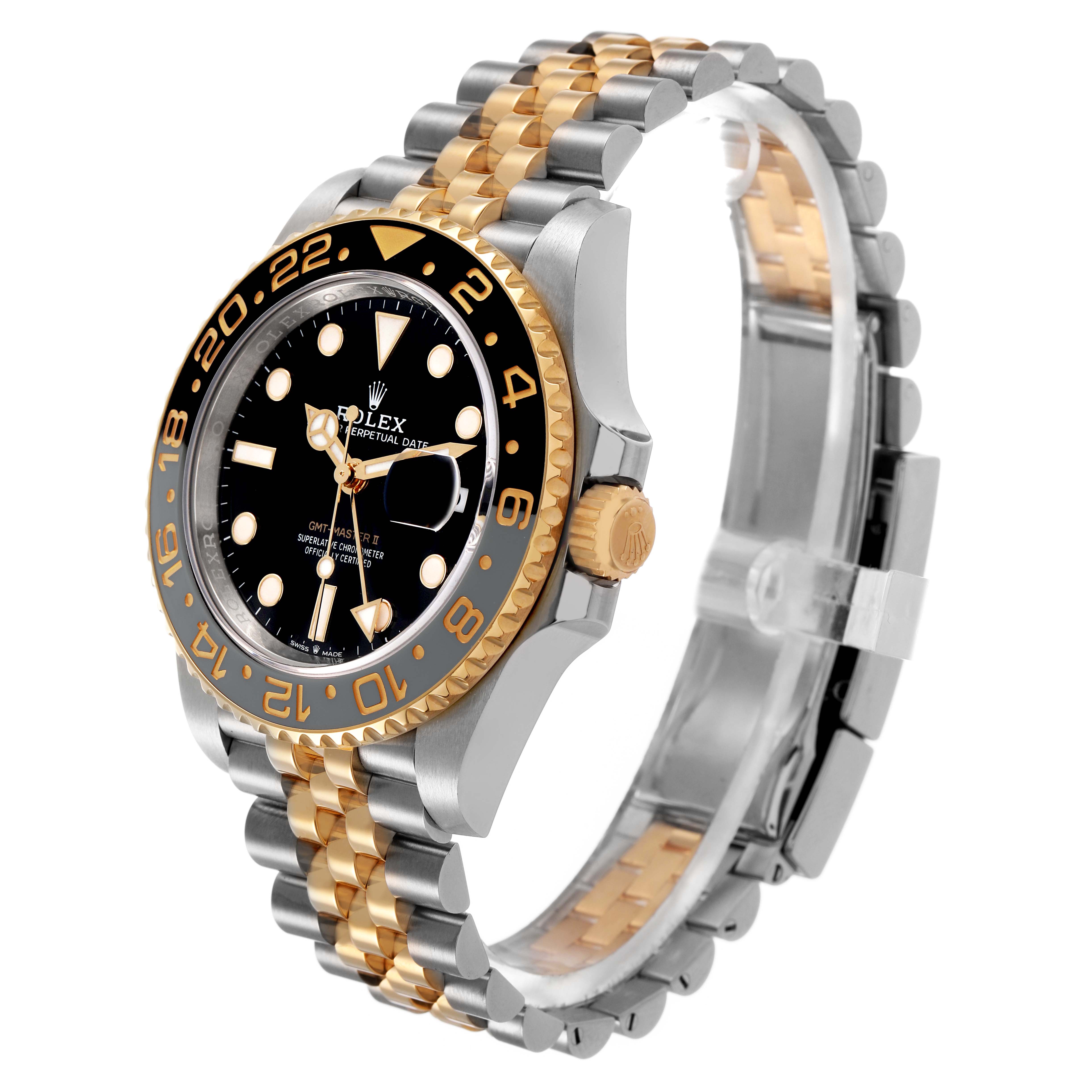 The Rolex GMT-Master 126713 Men's Stainless Steel Black Dial watch is shown from a three-quarter angle, highlighting the dial, bezel, and two-tone bracelet.
