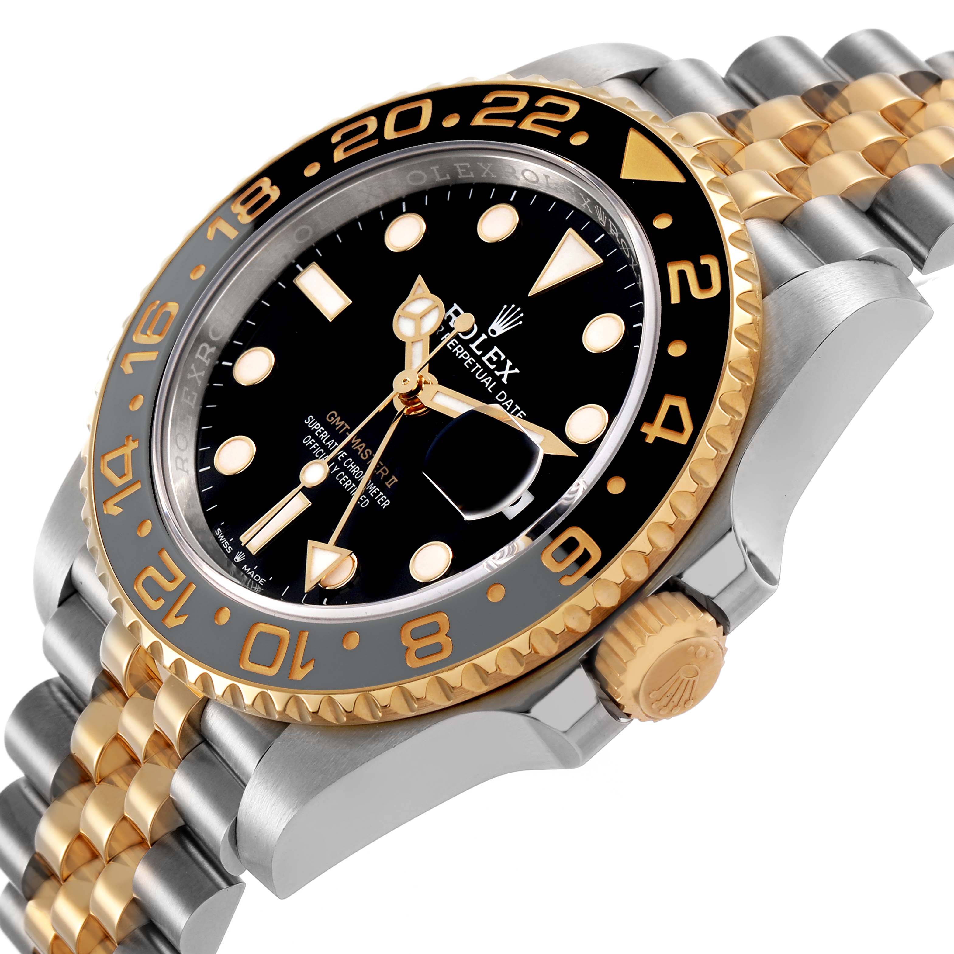 The image shows a Rolex GMT-Master 126713 Men's Stainless Steel Black Dial's side and top view, highlighting the bezel, crown, dial, and two-tone bracelet.