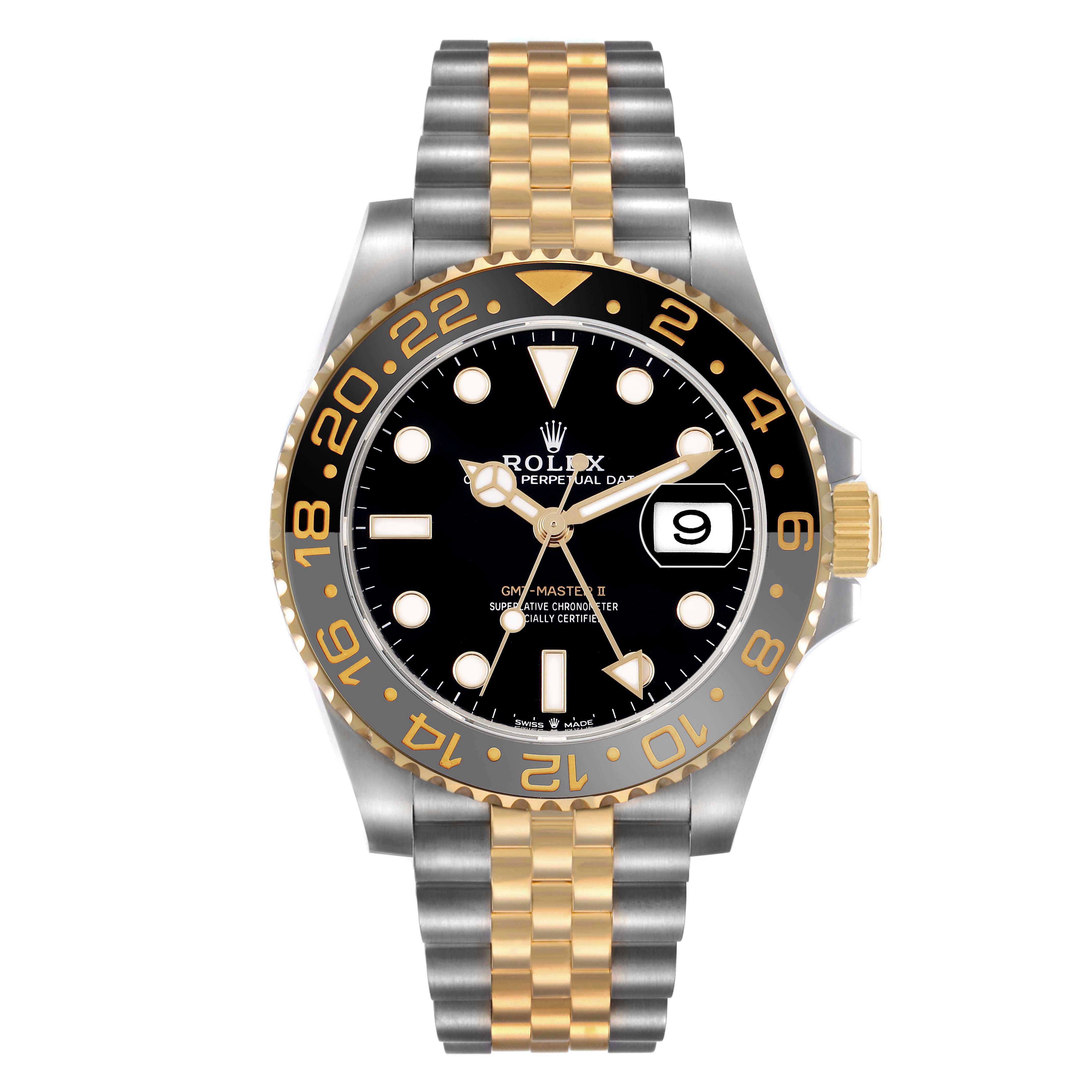 The Rolex GMT-Master 126713 Men's Stainless Steel Black Dial watch is shown from the front, displaying the dial, bezel, and two-tone bracelet.