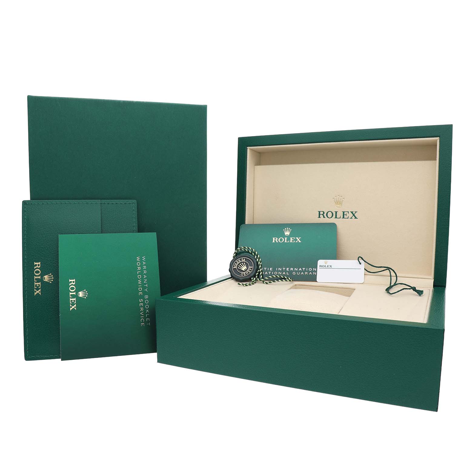 The image shows the packaging and accessories for a Rolex GMT-Master 126713 Men's Stainless Steel Black Dial, including the box, warranty card, and booklets.