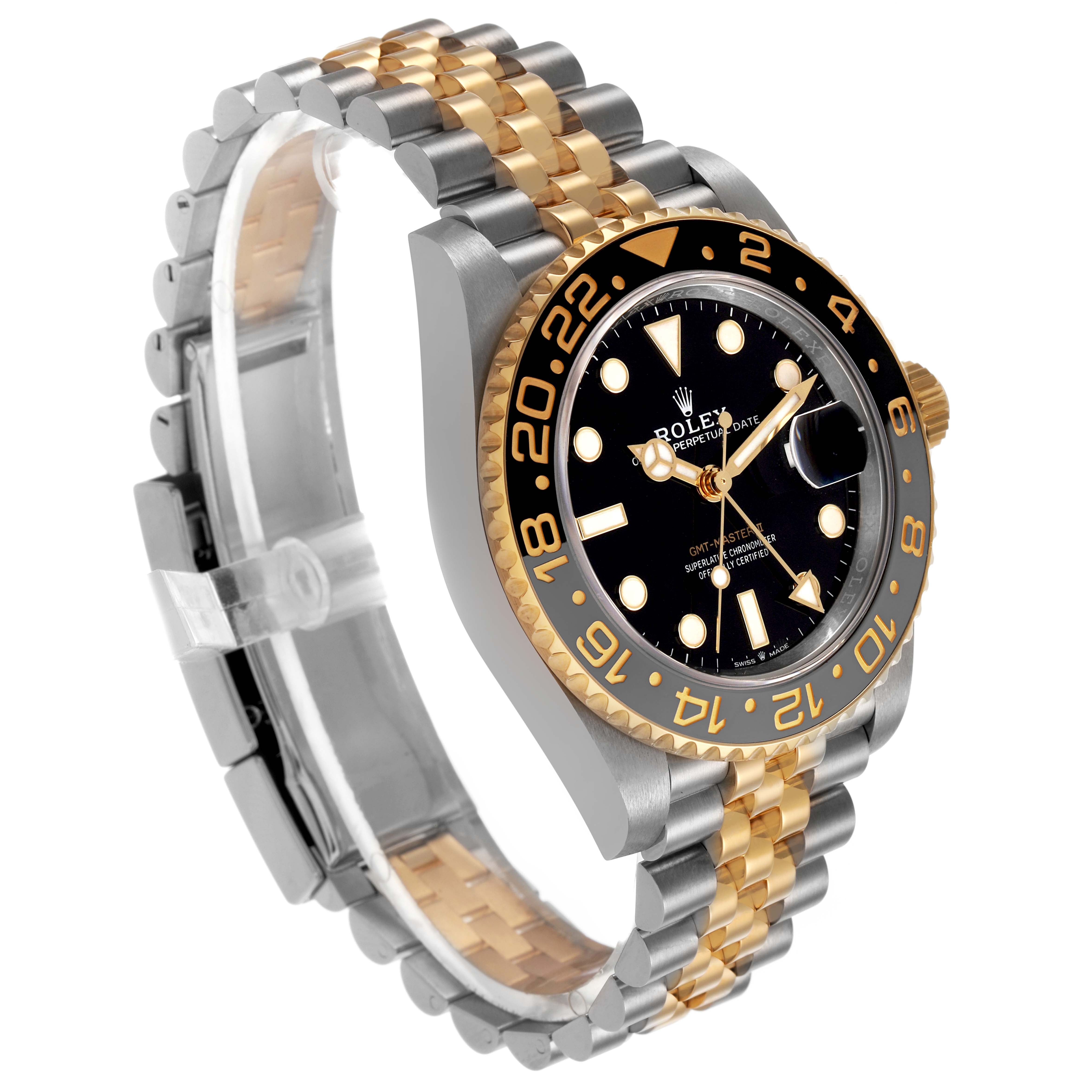 The Rolex GMT-Master 126713 Men's Stainless Steel Black Dial watch is shown from an angled side view, highlighting the bezel, dial, and two-tone bracelet.