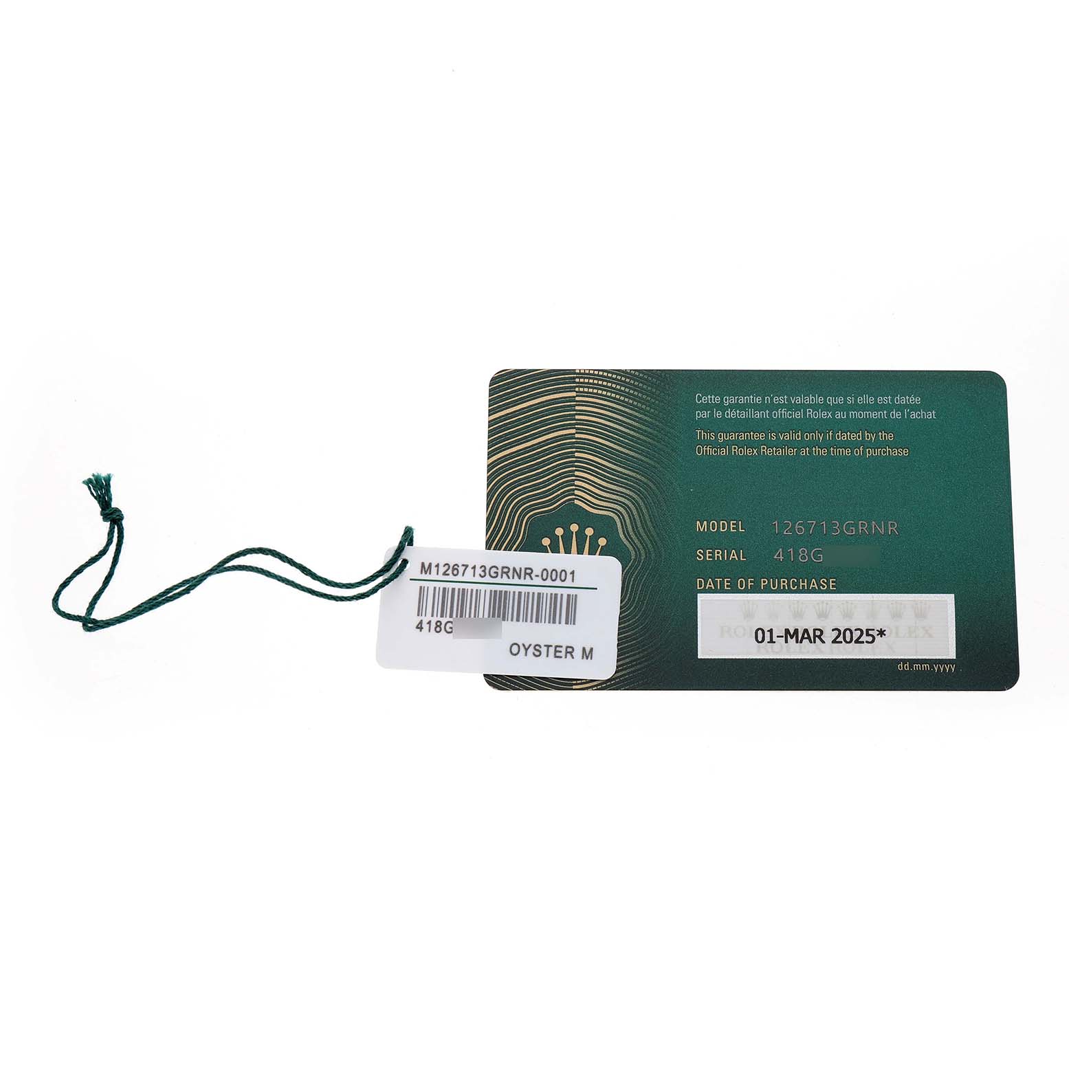 The image shows a warranty card and tag for a Rolex GMT-Master 126713 Men's Stainless Steel Black Dial, displaying model and serial numbers.