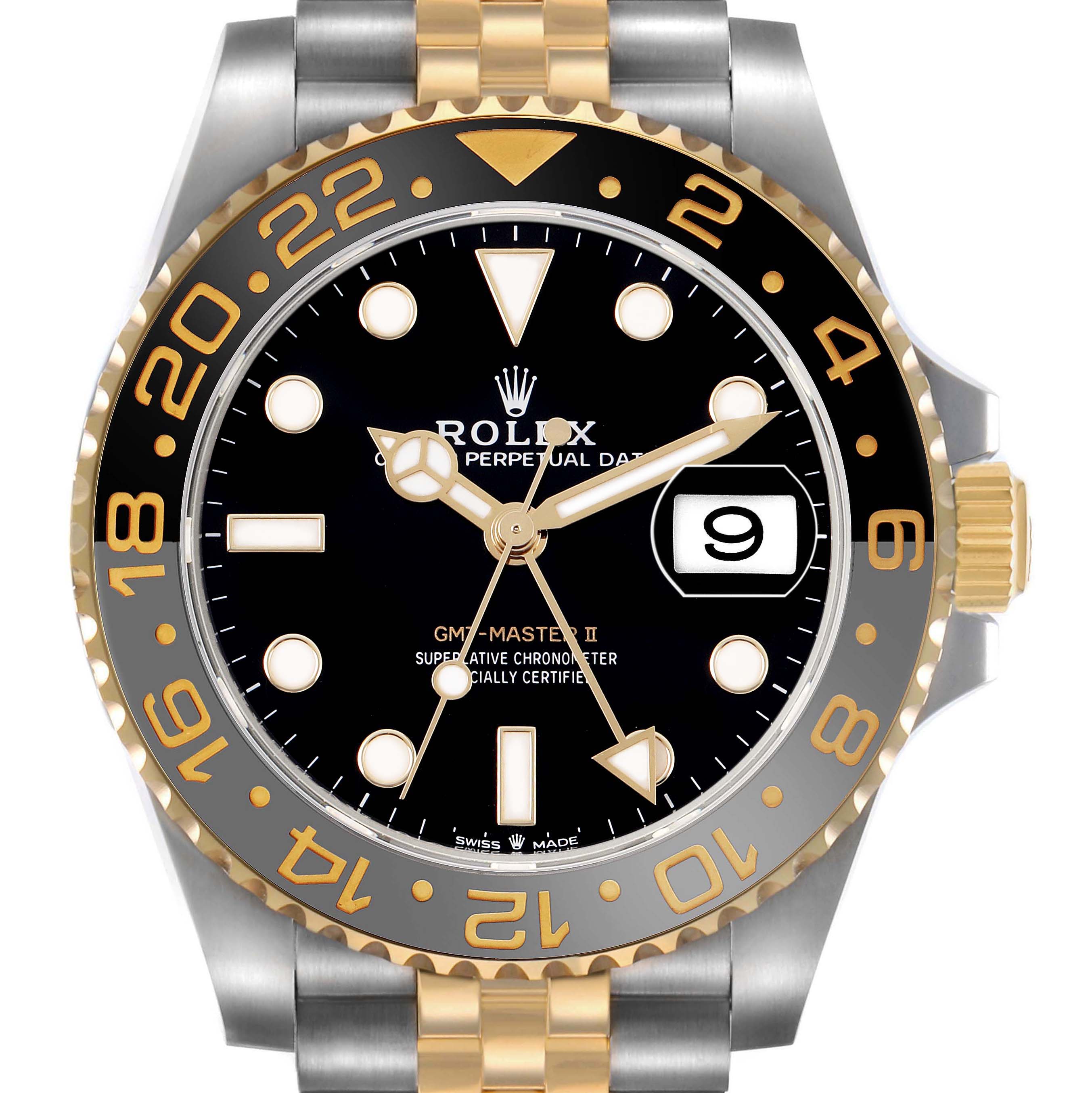 The image shows a frontal view of a Rolex GMT-Master 126713 Men's Stainless Steel Black Dial II watch, highlighting its bezel, dial, hands, and bracelet.