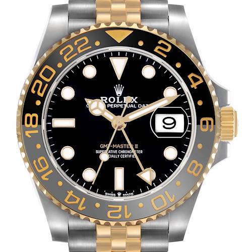 The Rolex GMT-Master 126713 Men's Stainless Steel Black Dial model is shown from a front angle, highlighting its two-tone bezel, dial, and bracelet.