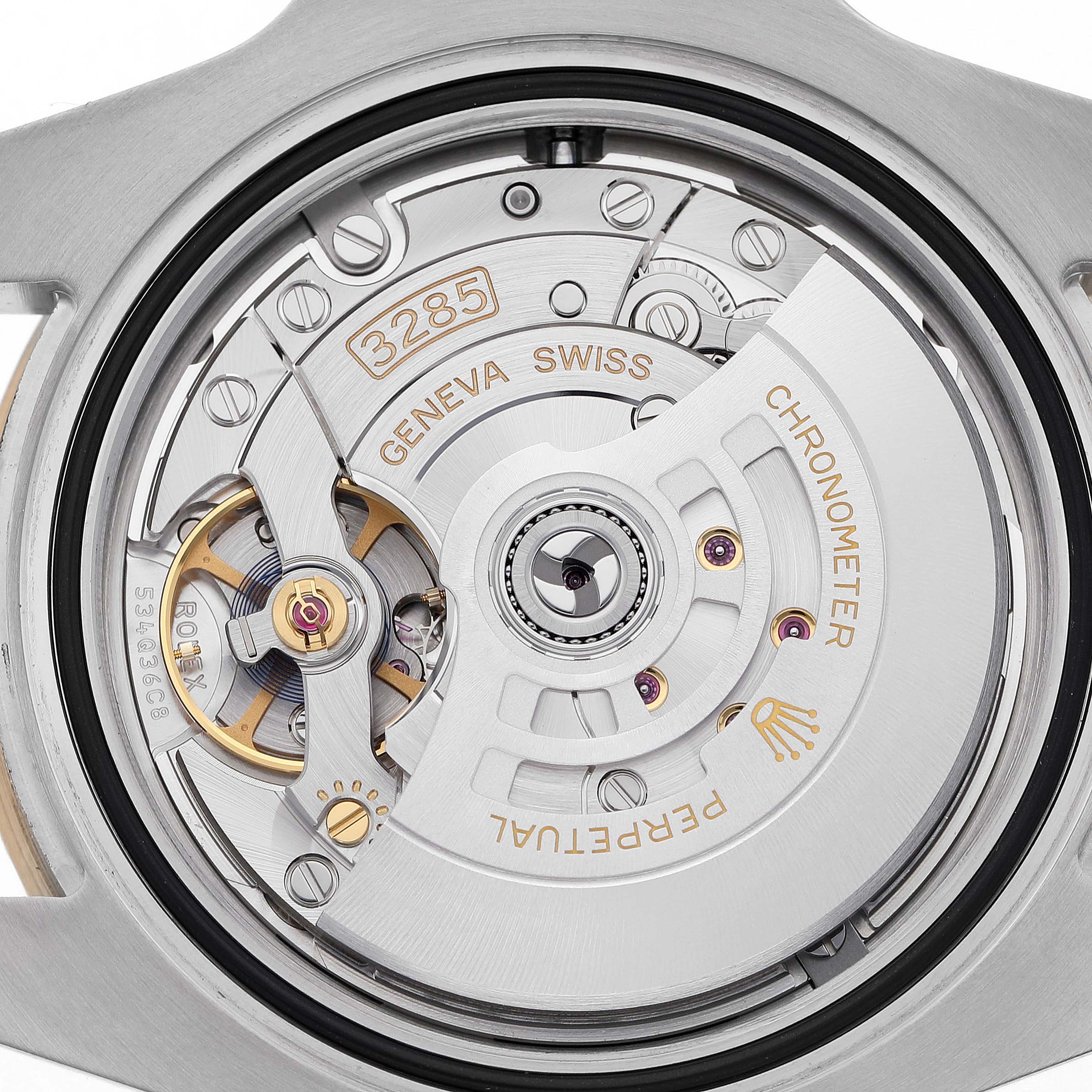 The image shows the intricate movement of a Rolex GMT-Master 126713 Men's Stainless Steel Black Dial watch, focusing on the rotor and mechanical components.
