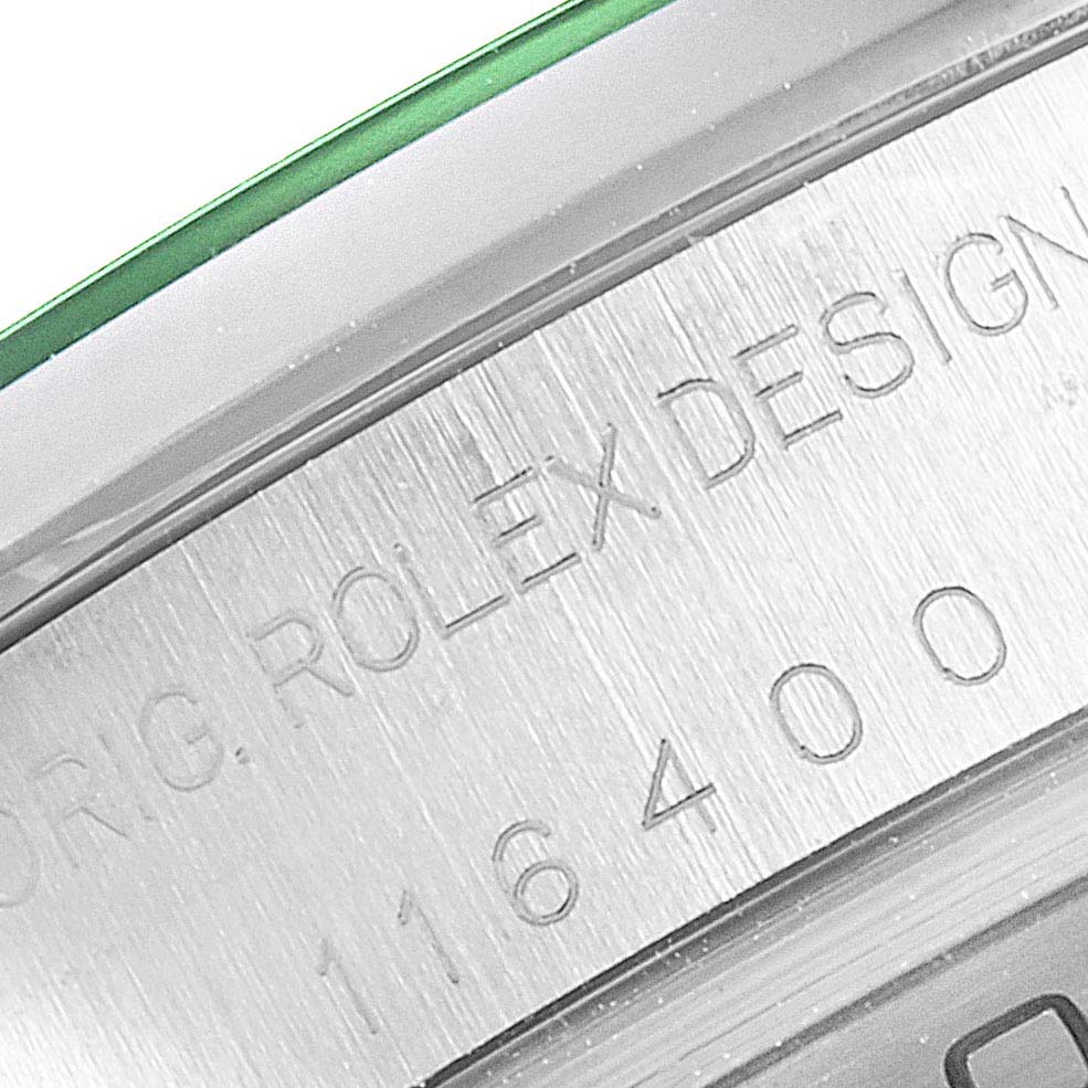 This close-up image shows the side of the Rolex Milgauss 116400GV Men's Stainless Steel Black Dial 116400GV Men's Stainless Steel Black Dial watch case, displaying the engraved model number.
