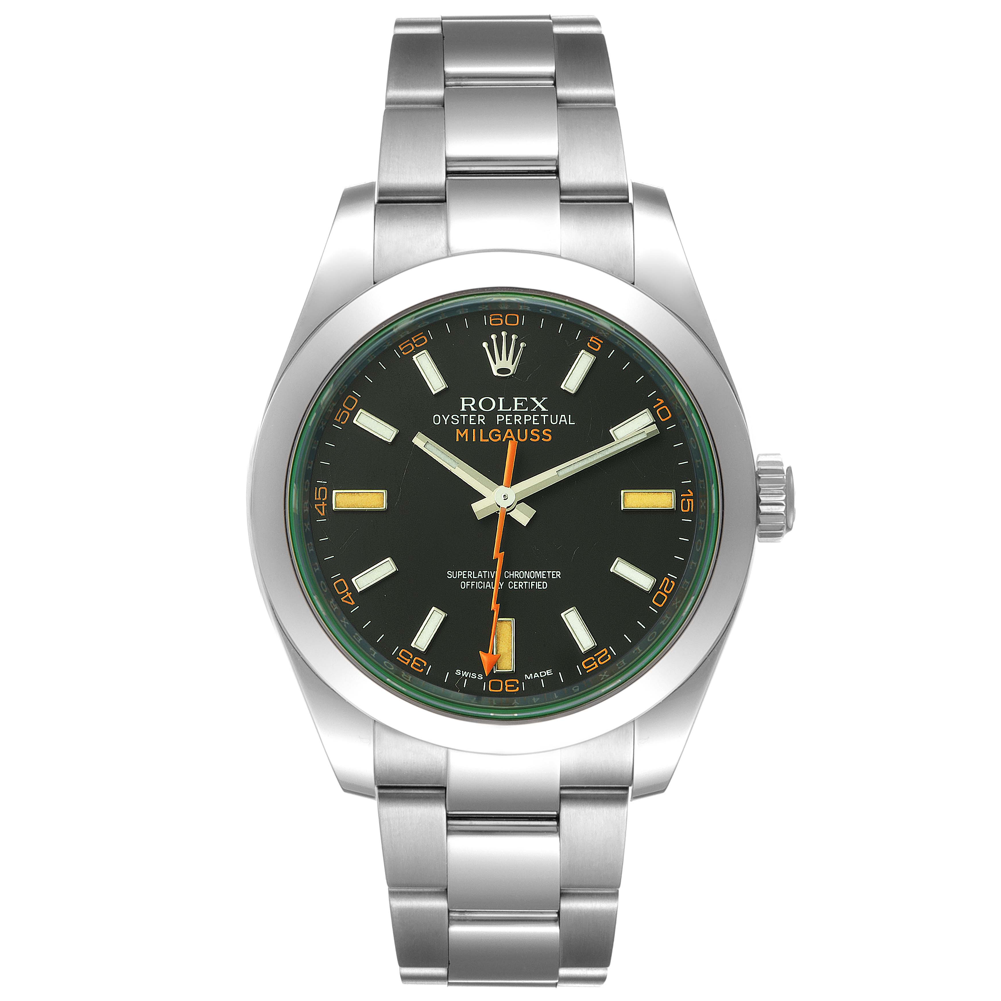 The image shows a front view of a Rolex Milgauss 116400GV Men's Stainless Steel Black Dial 116400GV Men's Stainless Steel Black Dial watch, displaying its face, bracelet, and crown.