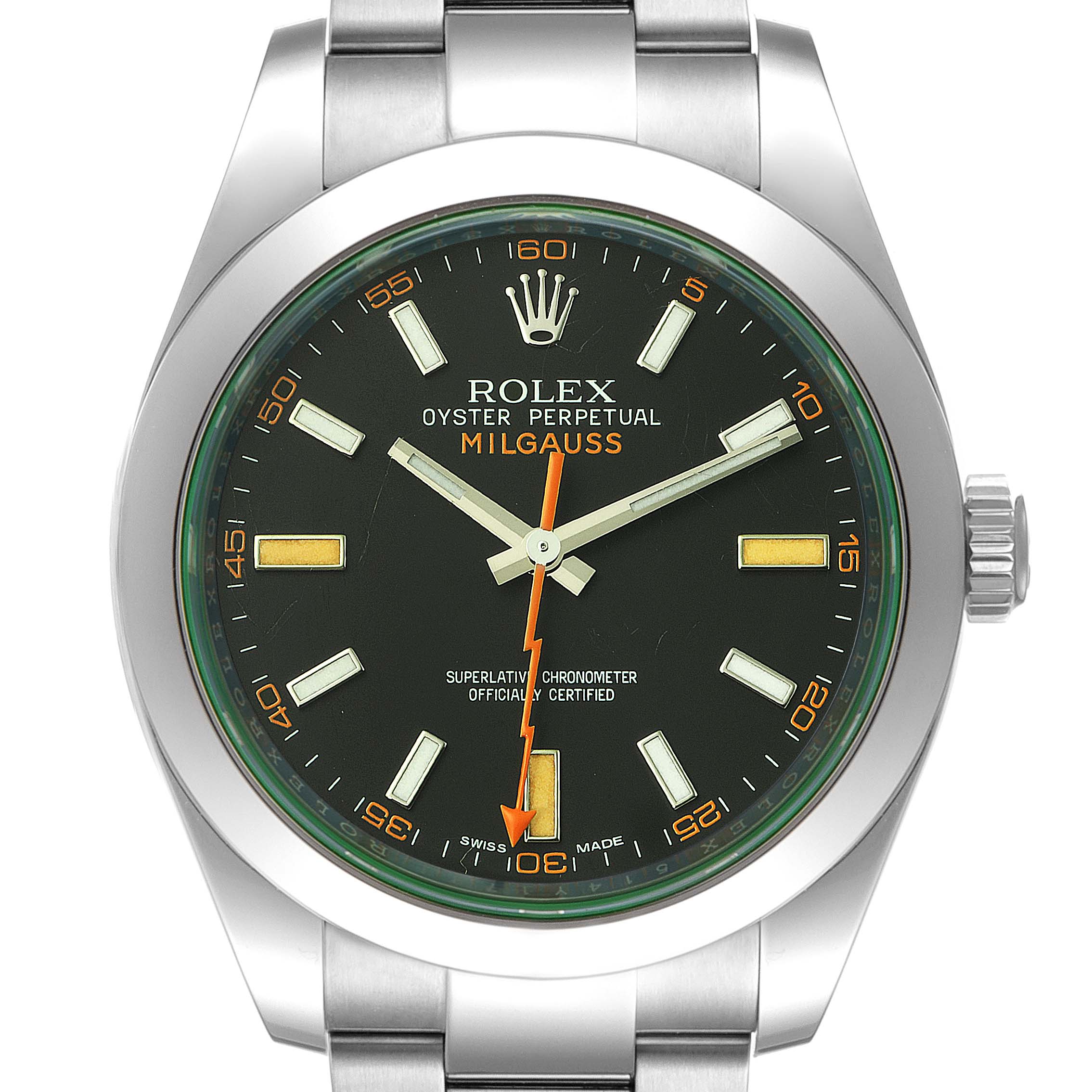 The image shows a front view of a Rolex Milgauss 116400GV Men's Stainless Steel Black Dial 116400GV Men's Stainless Steel Black Dial watch, highlighting its dial, bezel, and part of the bracelet.