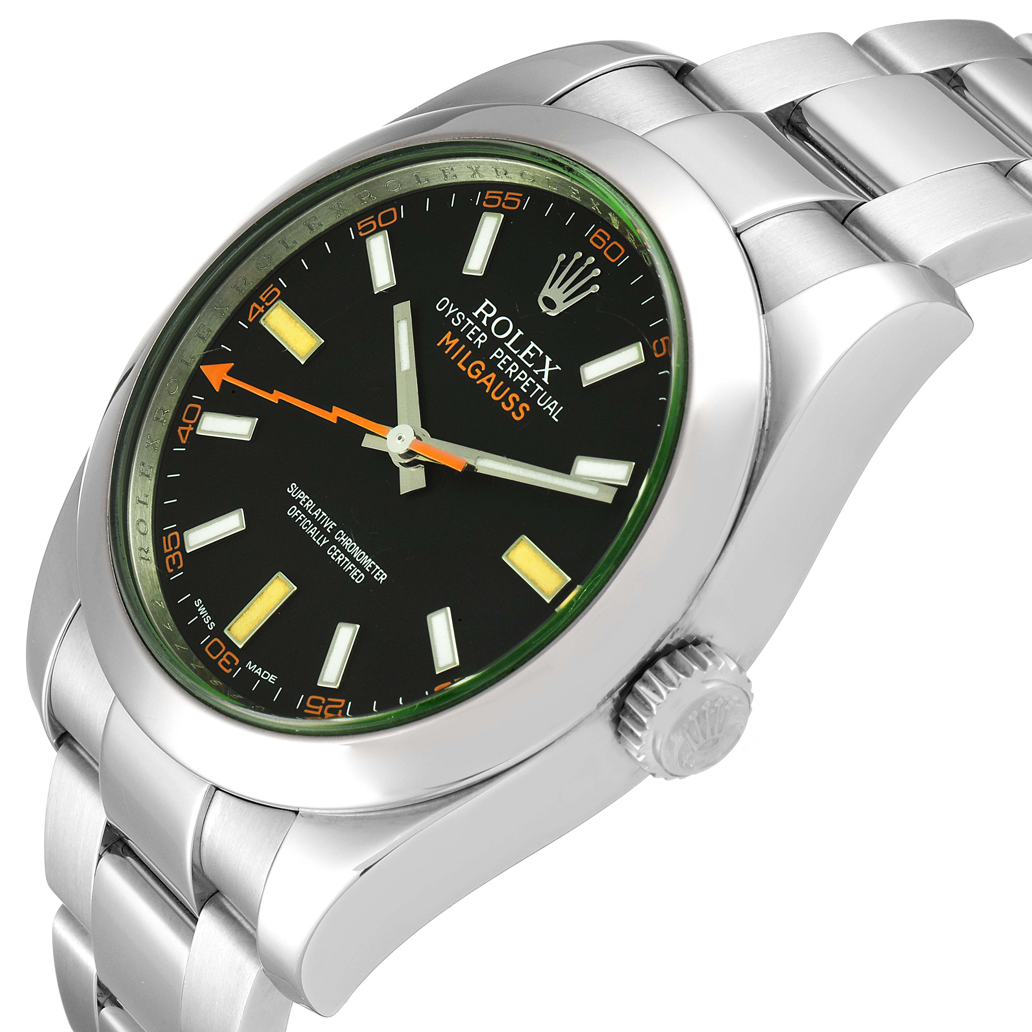 The image shows a close-up of the Rolex Milgauss 116400GV Men's Stainless Steel Black Dial 116400GV Men's Stainless Steel Black Dial watch face, bezel, and part of the bracelet from a tilted angle.