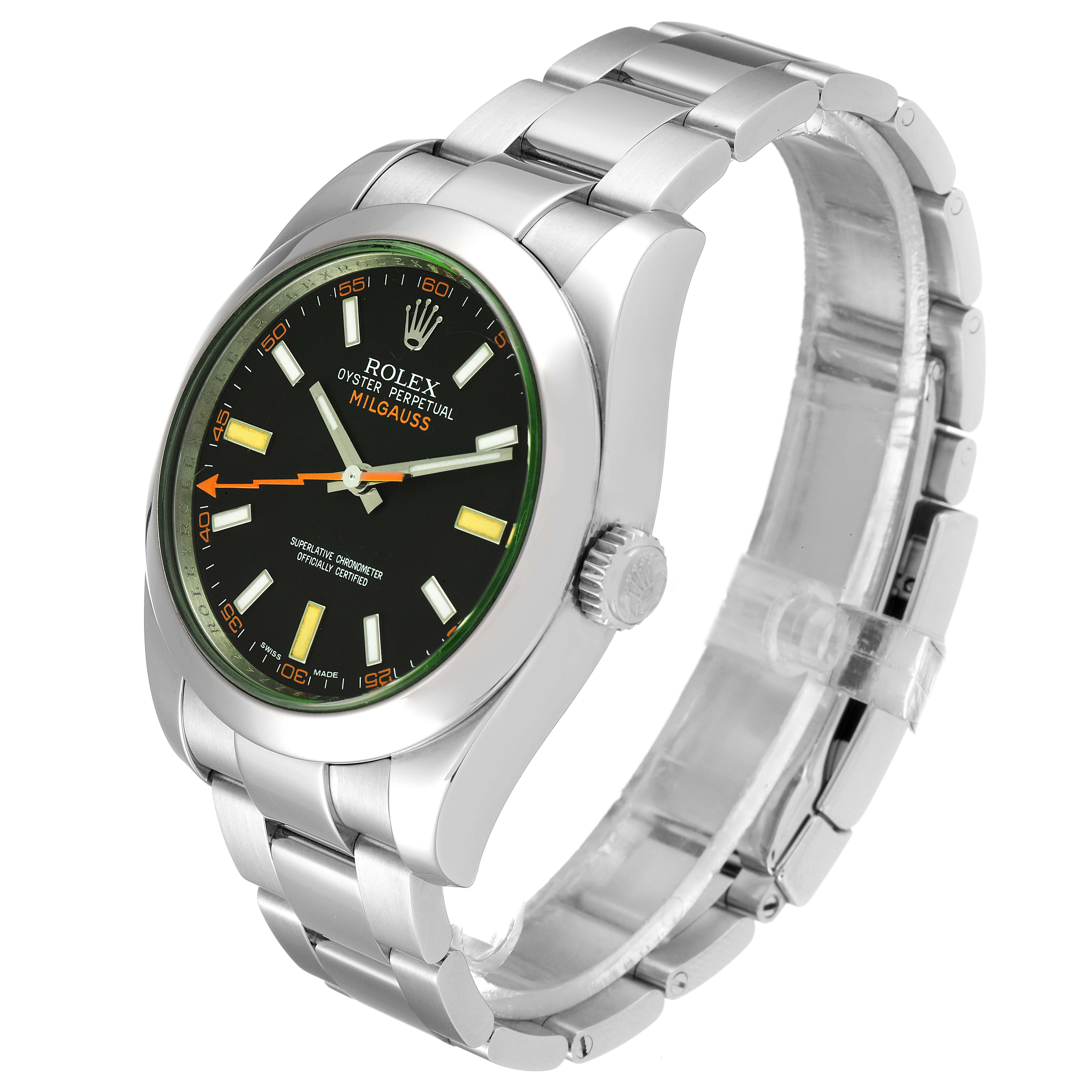 The image shows a Rolex Milgauss 116400GV Men's Stainless Steel Black Dial 116400GV Men's Stainless Steel Black Dial watch at an angled view, highlighting the face, bezel, crown, and bracelet.