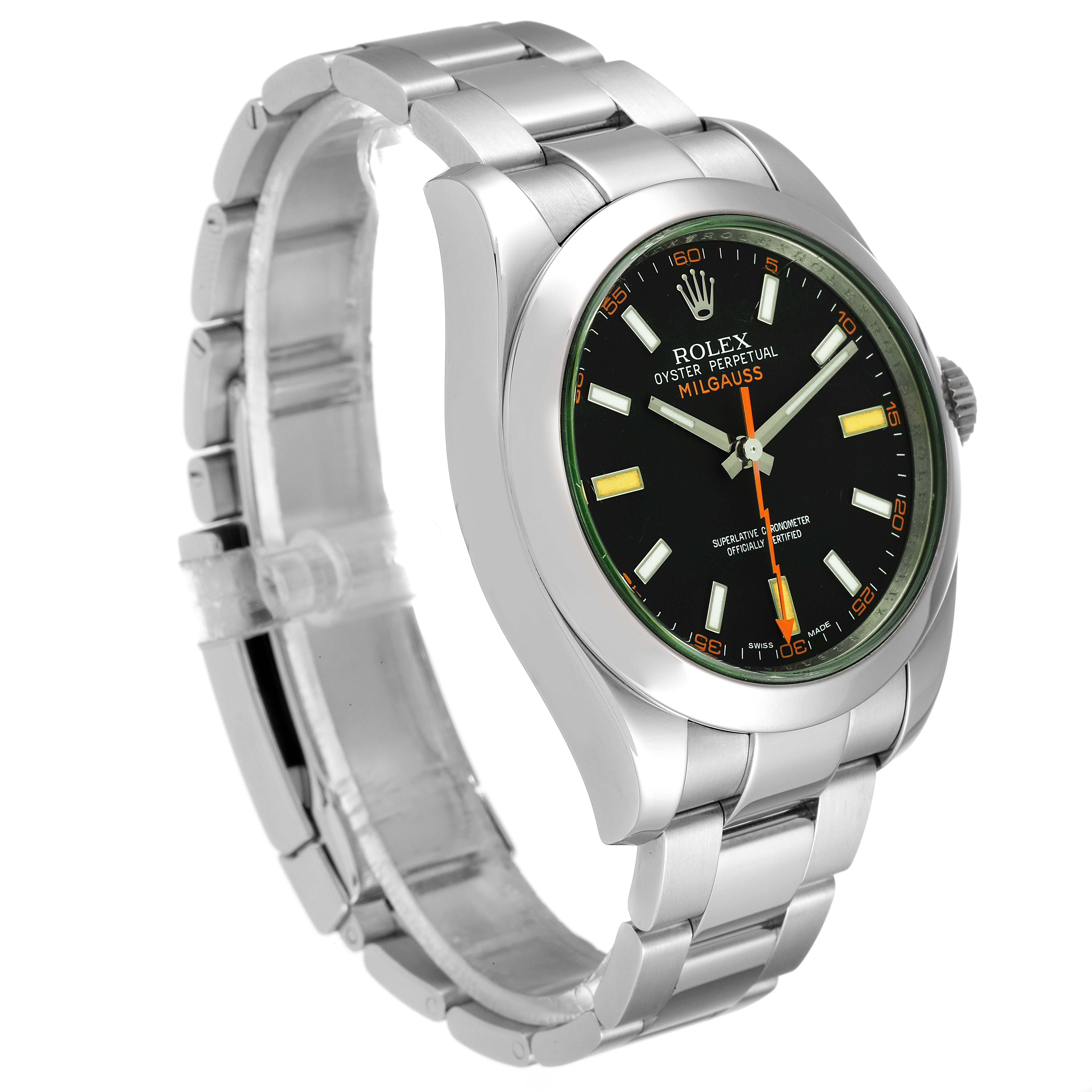 The image shows a Rolex Milgauss 116400GV Men's Stainless Steel Black Dial 116400GV Men's Stainless Steel Black Dial watch at a slight angle, highlighting its dial, bracelet, and clasp.