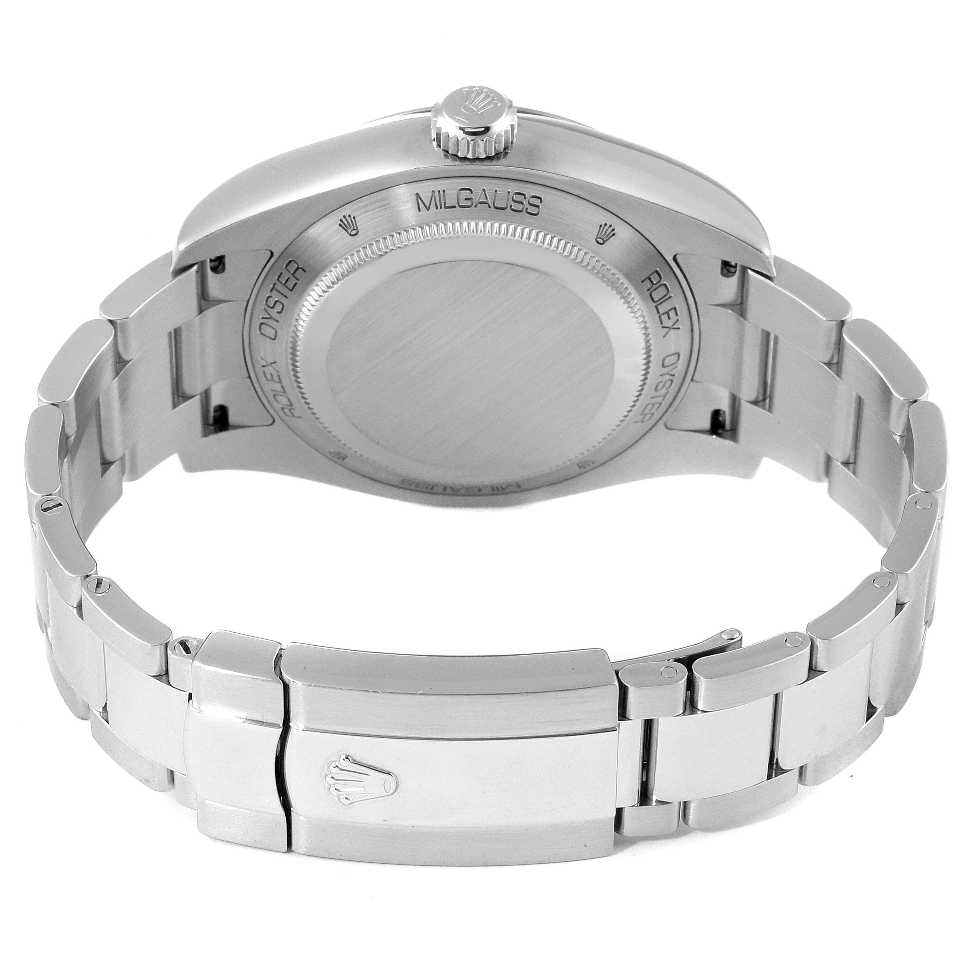 The image shows the back side, case back, and clasp of a Rolex Milgauss 116400GV Men's Stainless Steel Black Dial 116400GV Men's Stainless Steel Black Dial watch at an angled view.