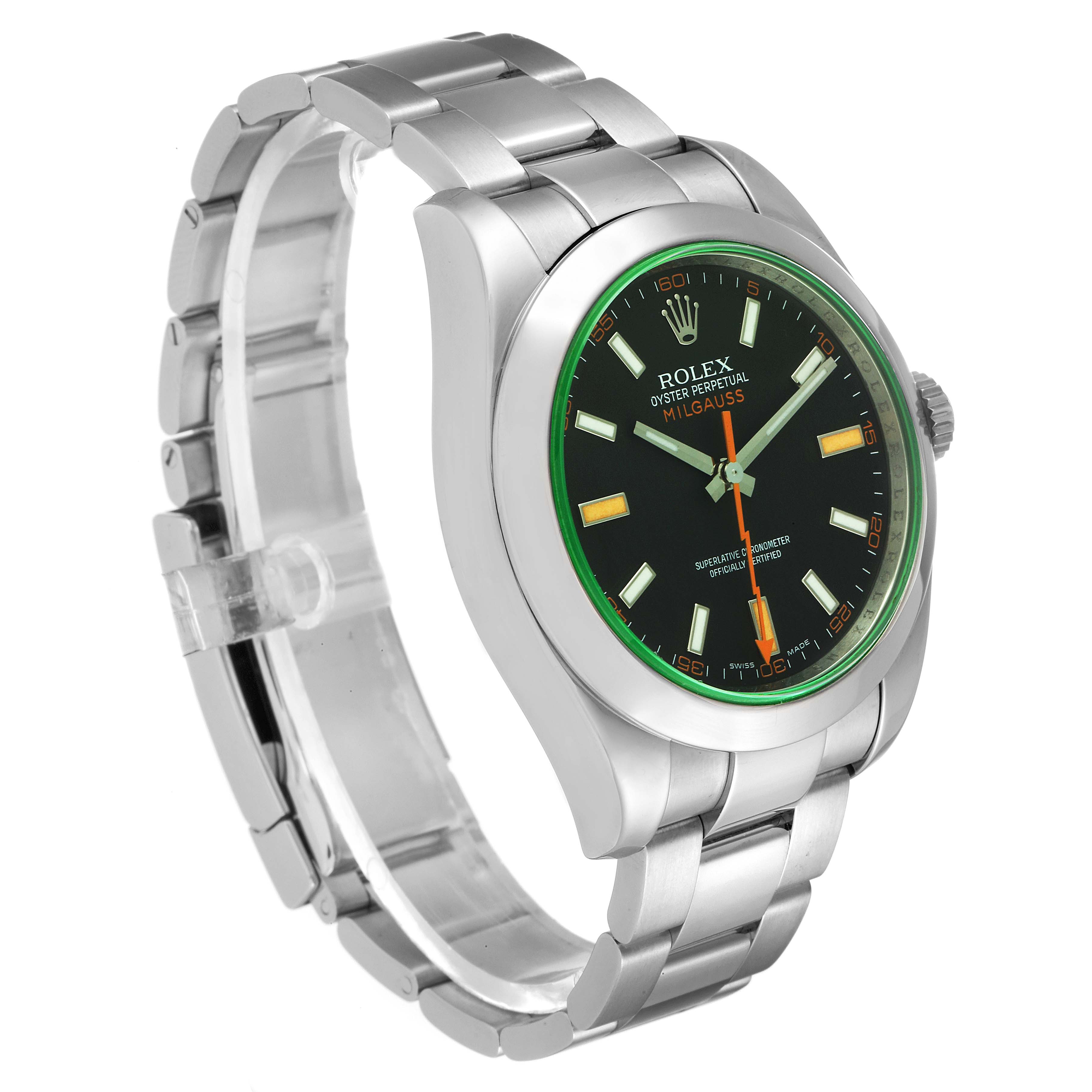 The Rolex Milgauss 116400GV Men's Stainless Steel Black Dial 116400GV Men's Stainless Steel Black Dial watch is shown at a 3/4 angle, displaying the face, case, crown, and partially the bracelet.
