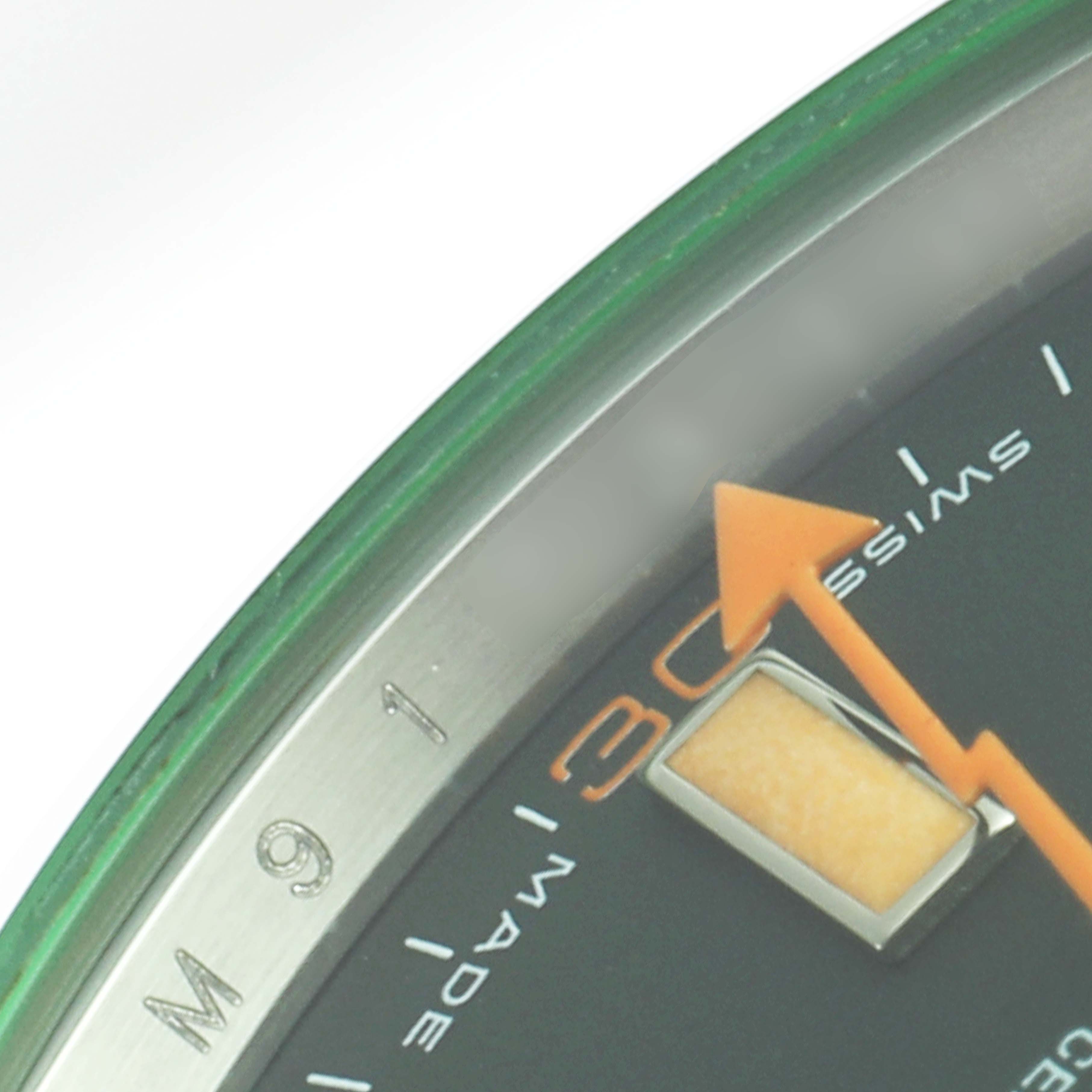 This image shows a close-up view of the dial, minute markers, and part of the second hand of the Rolex Milgauss 116400GV Men's Stainless Steel Black Dial 116400GV Men's Stainless Steel Black Dial watch.