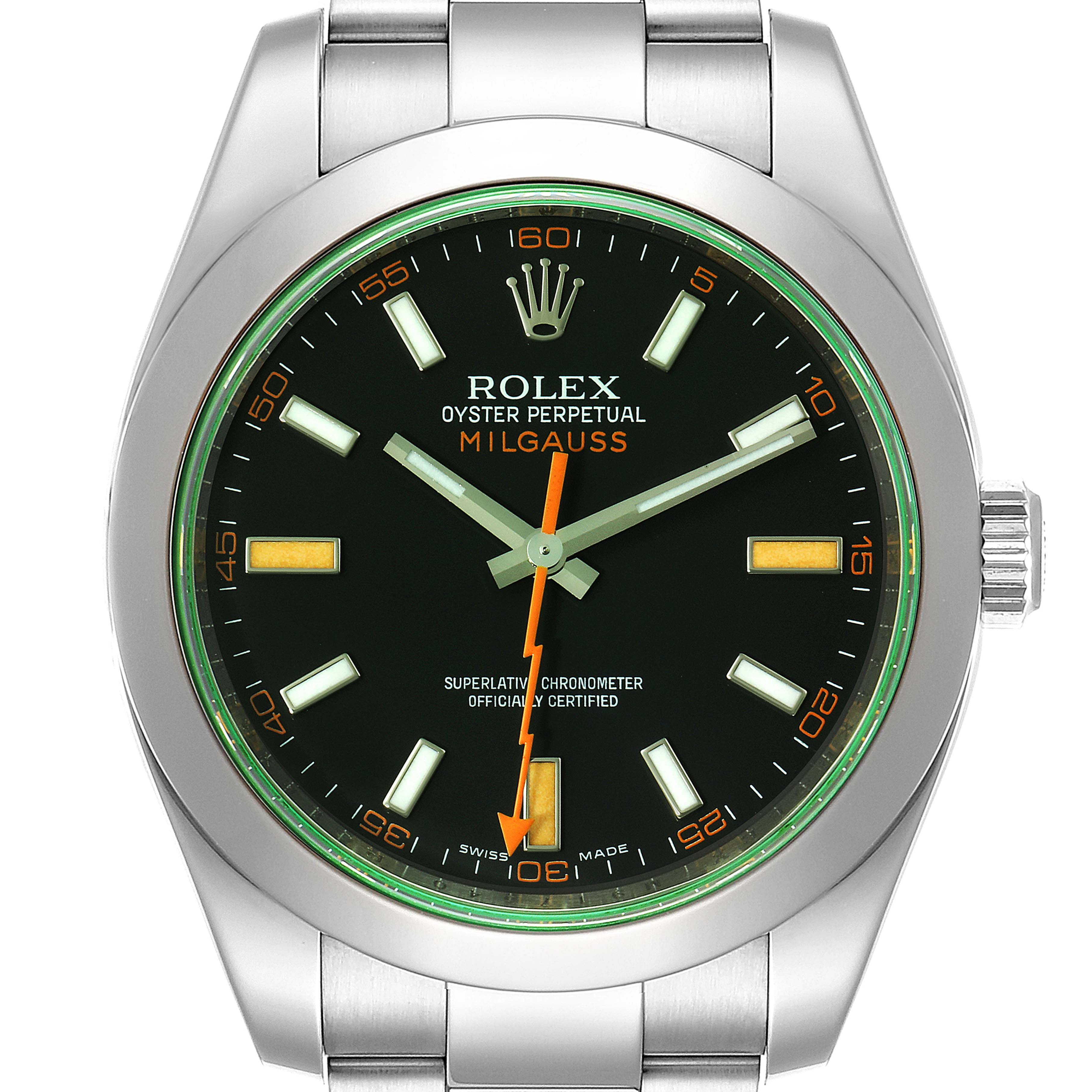 The image shows a front view of the Rolex Milgauss 116400GV Men's Stainless Steel Black Dial 116400GV Men's Stainless Steel Black Dial watch displaying its dial, hands, case, and part of the bracelet.