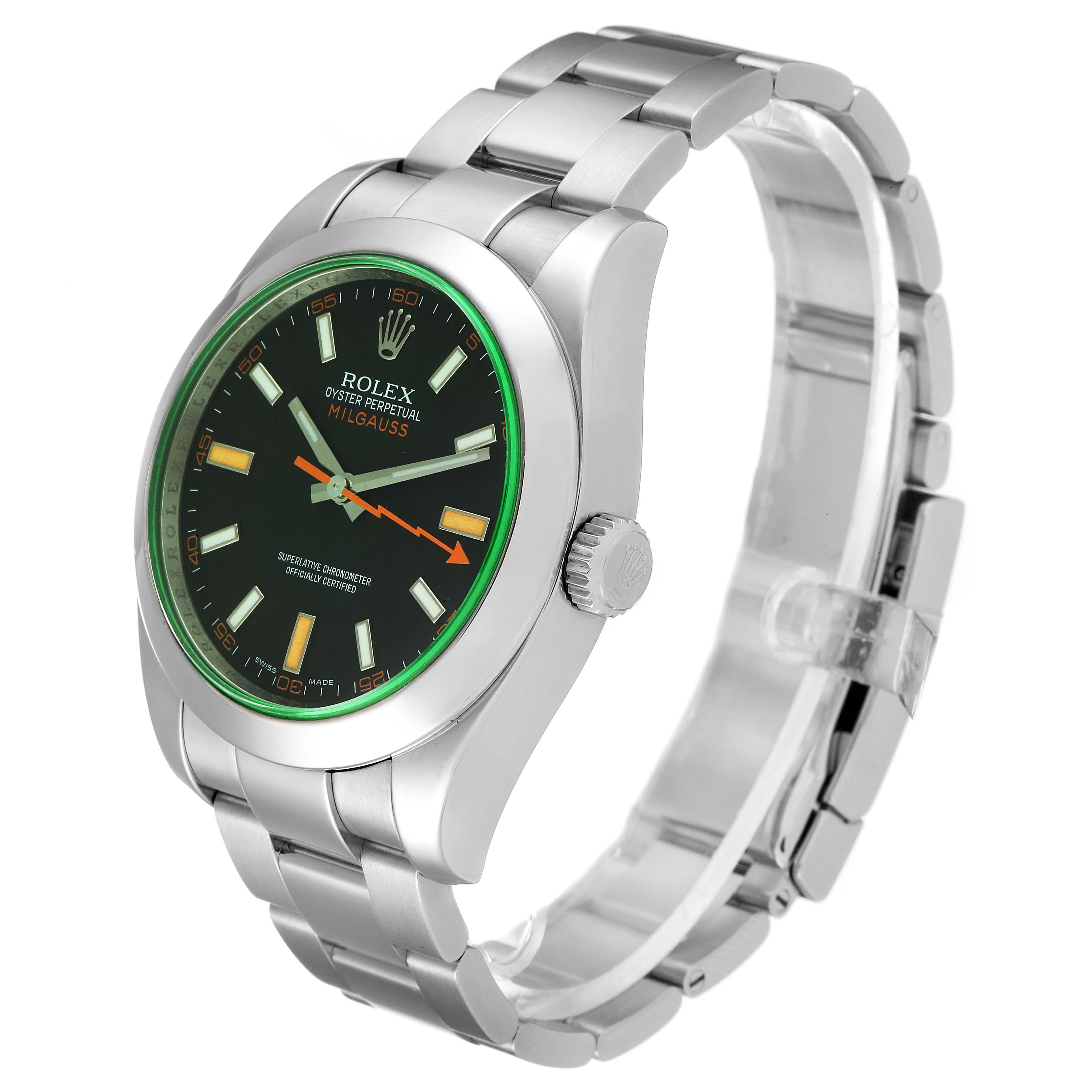 This image shows a side angle view of the Rolex Milgauss 116400GV Men's Stainless Steel Black Dial 116400GV Men's Stainless Steel Black Dial watch, displaying the watch face, crown, and part of the bracelet.
