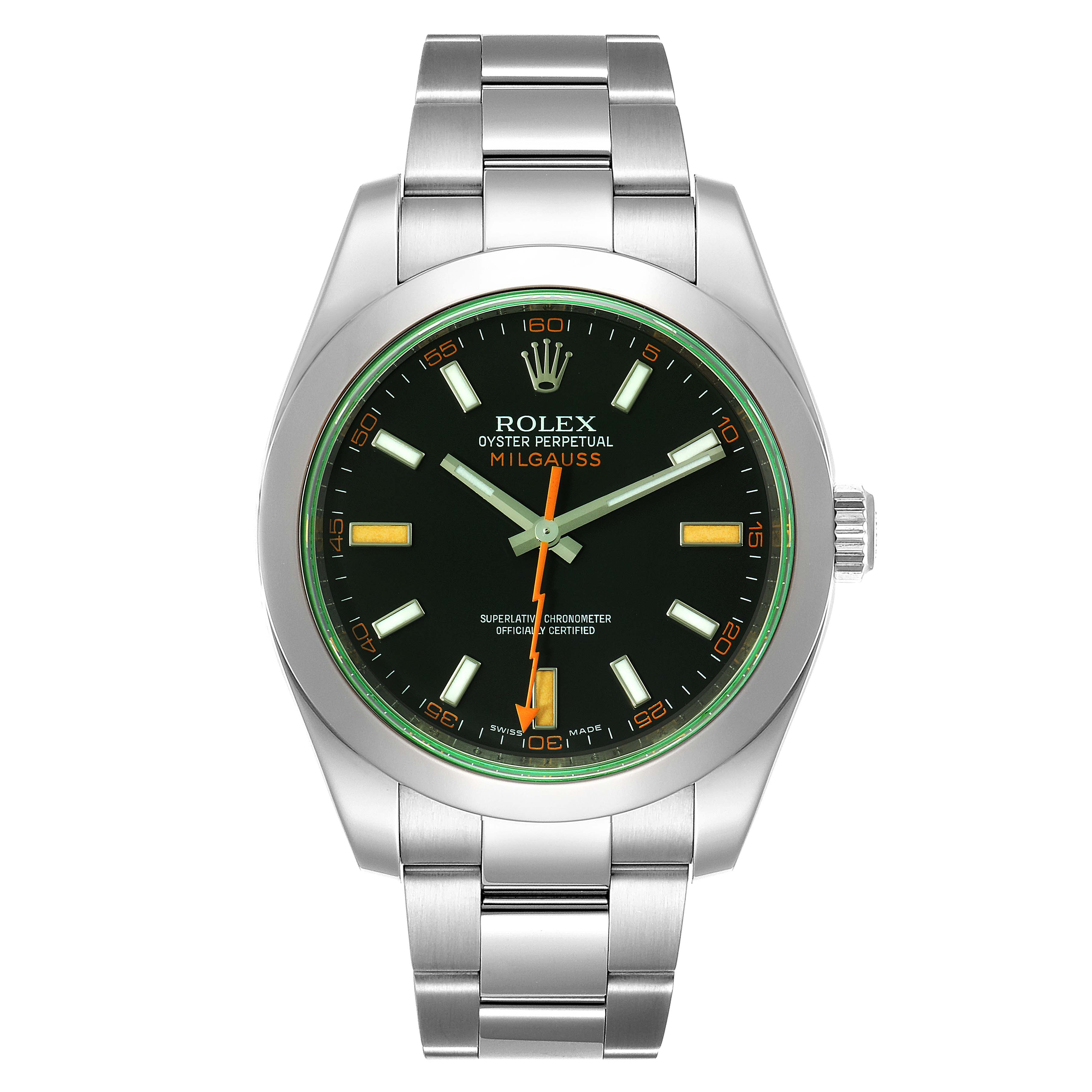 This image shows a front view of the Rolex Milgauss 116400GV Men's Stainless Steel Black Dial 116400GV Men's Stainless Steel Black Dial watch, highlighting its dial, hands, bezel, and bracelet.