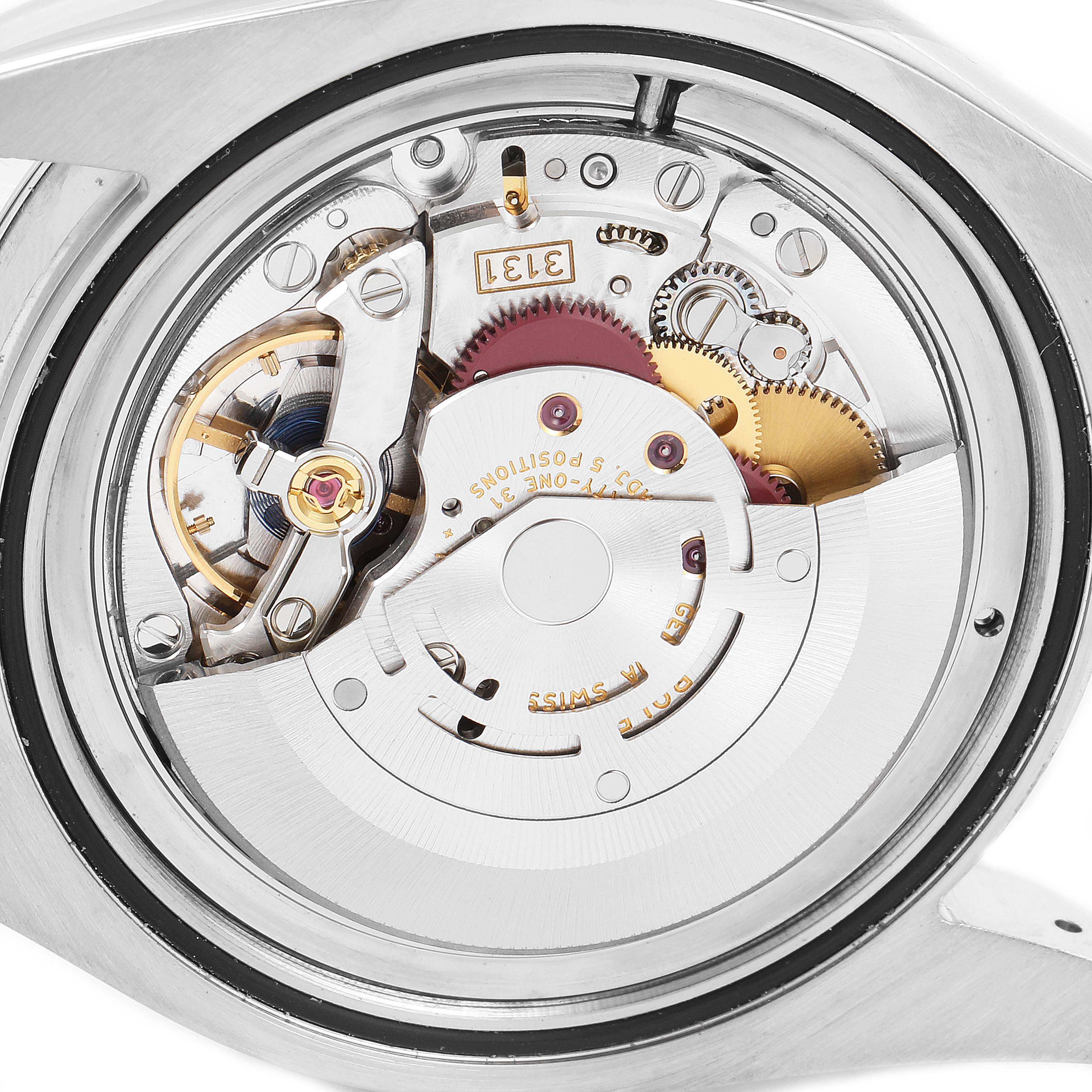 This image shows the internal mechanism and movement of the Rolex Milgauss 116400GV Men's Stainless Steel Black Dial 116400GV Men's Stainless Steel Black Dial watch from a close-up back angle.