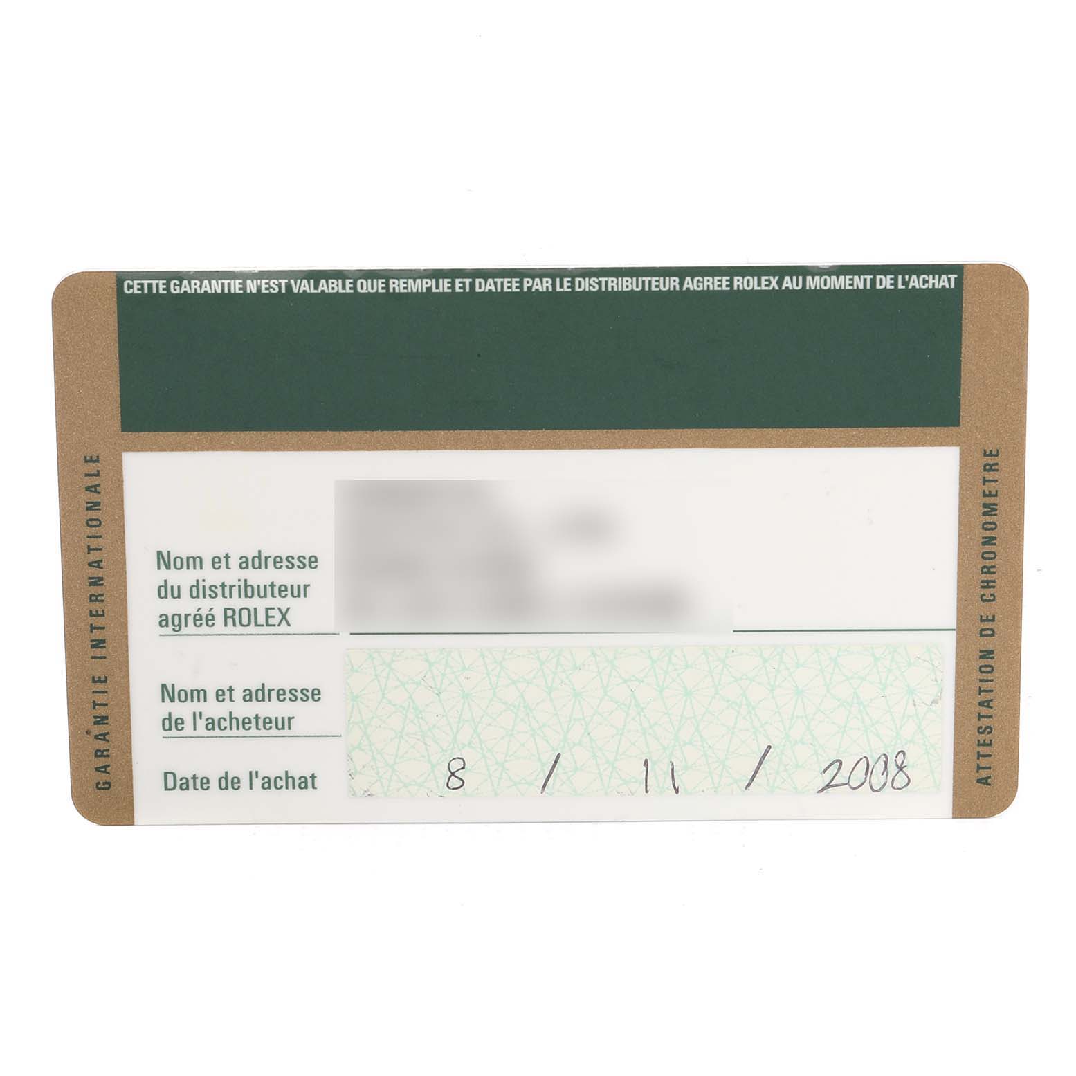 This image shows the guarantee certificate for the Rolex Milgauss 116400GV Men's Stainless Steel Black Dial 116400GV Men's Stainless Steel Black Dial model, displaying purchase information and distributor details.