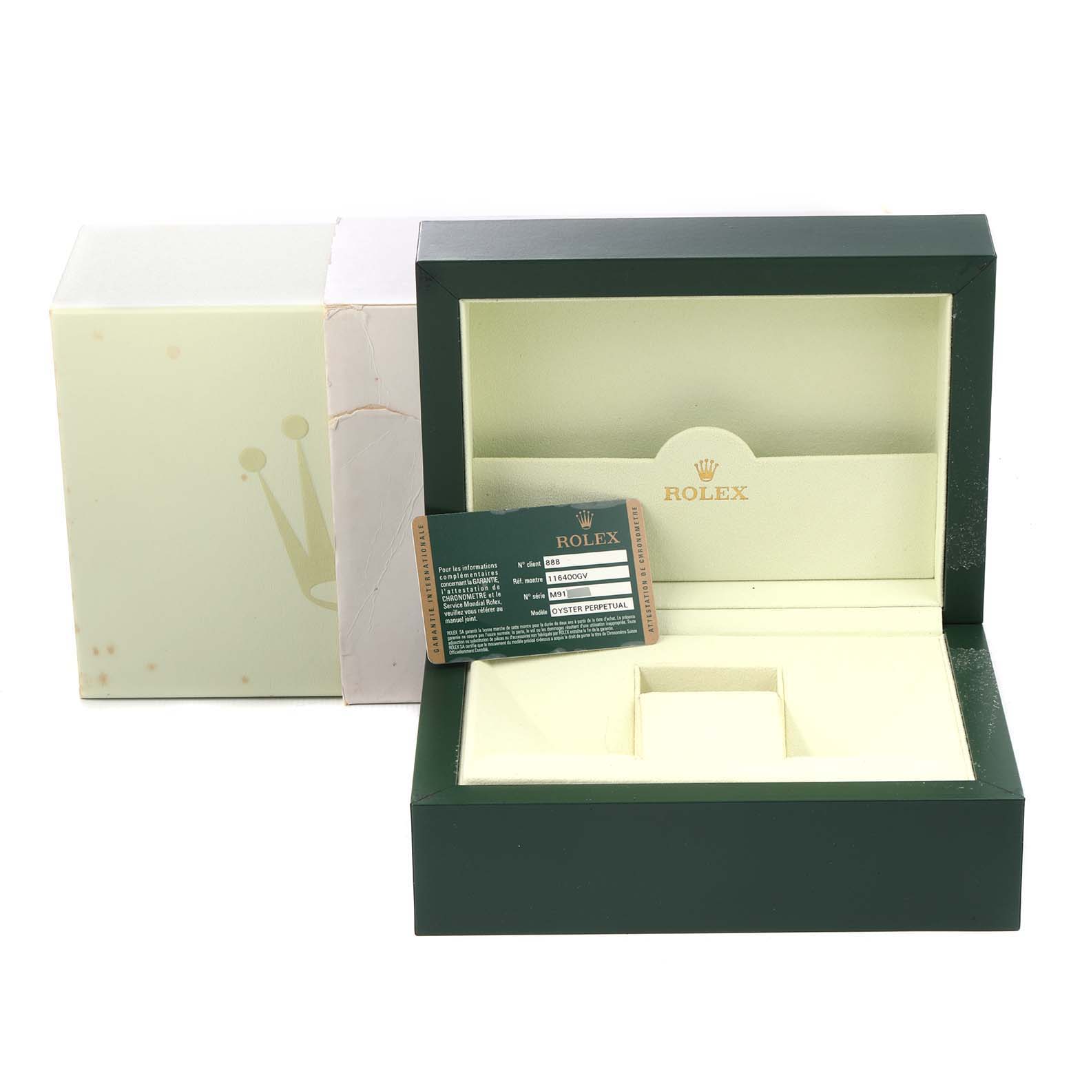 The image shows the packaging box and a warranty card for the Rolex Milgauss 116400GV Men's Stainless Steel Black Dial 116400GV Men's Stainless Steel Black Dial watch model.
