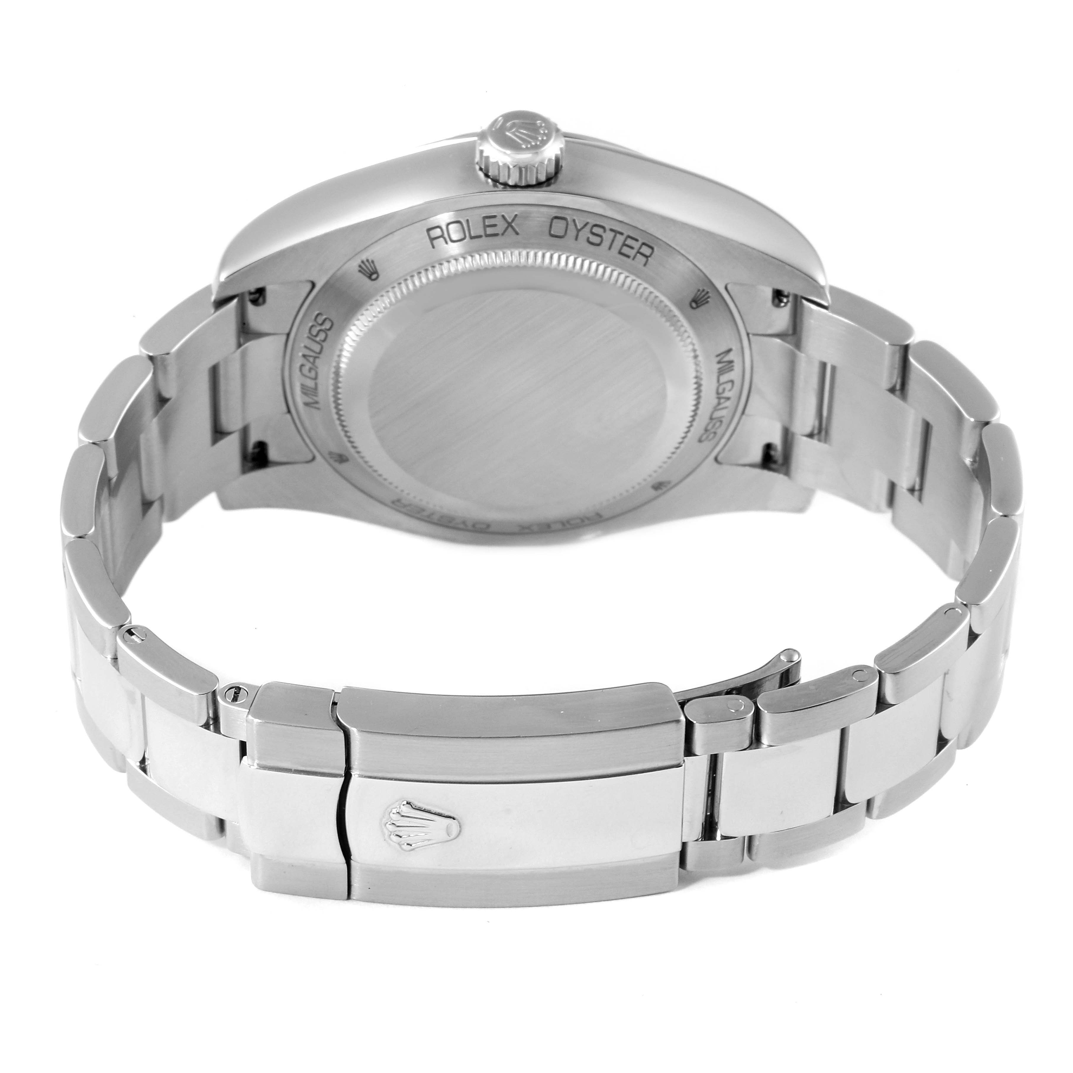 This image shows the back and bracelet of a Rolex Milgauss 116400GV Men's Stainless Steel Black Dial 116400GV Men's Stainless Steel Black Dial watch, focusing on the case back and clasp.