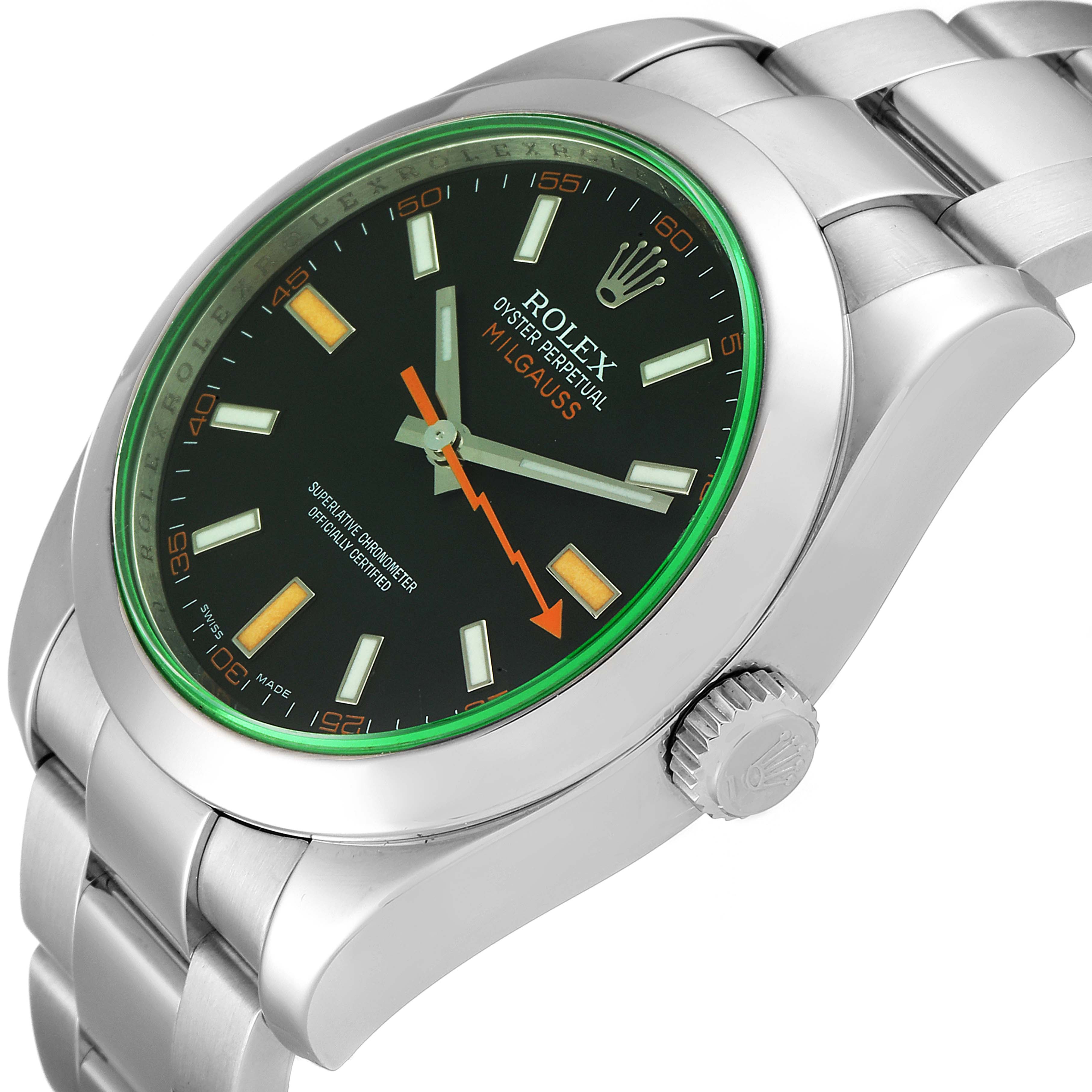 The Rolex Milgauss 116400GV Men's Stainless Steel Black Dial 116400GV Men's Stainless Steel Black Dial watch is shown from an angled side view, highlighting the face, bezel, crown, and part of the bracelet.
