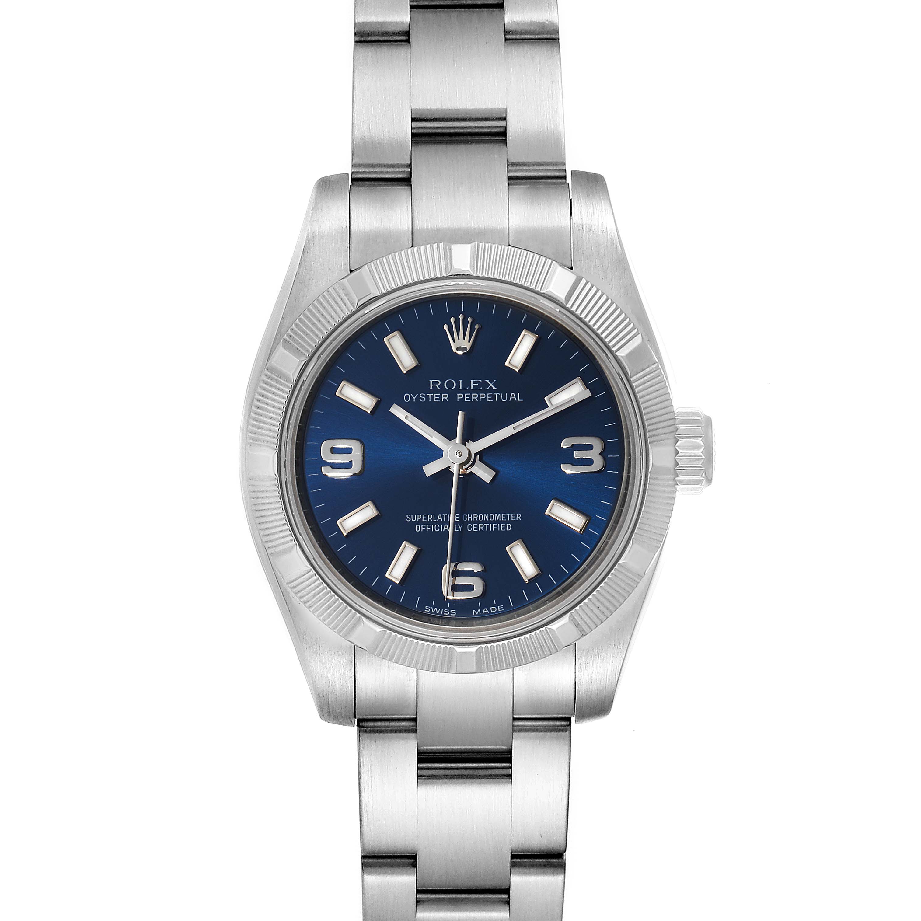 The image shows a Rolex Oyster Perpetual 176210 Women
s Stainless Steel Blue Dial 176210 Women
s Stainless Steel Blue Dial watch from a front angle featuring its blue dial, stainless steel bezel, and bracelet.