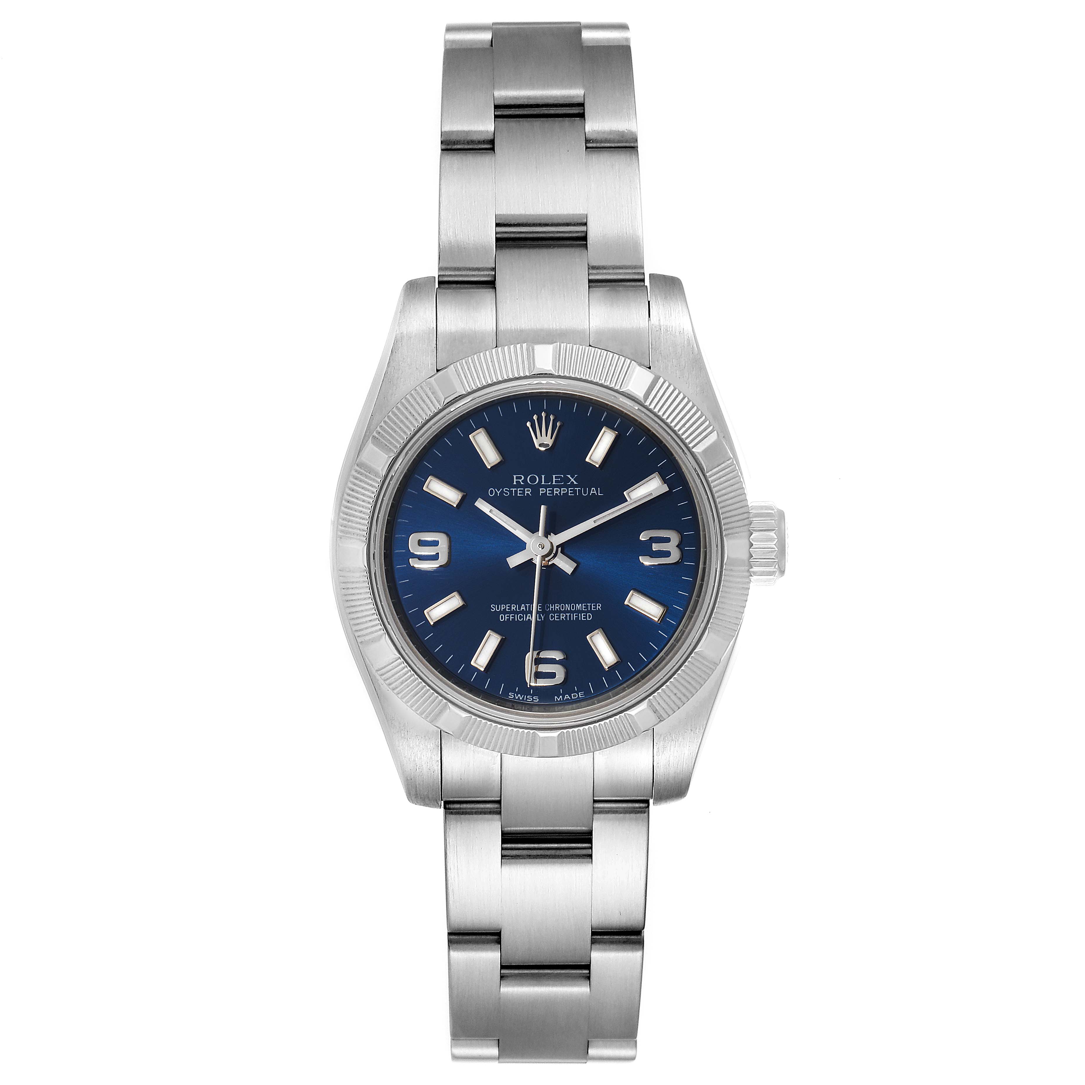 The image shows a front view of a Rolex Oyster Perpetual 176210 Women
s Stainless Steel Blue Dial 176210 Women
s Stainless Steel Blue Dial watch with a blue dial and a stainless steel bracelet.