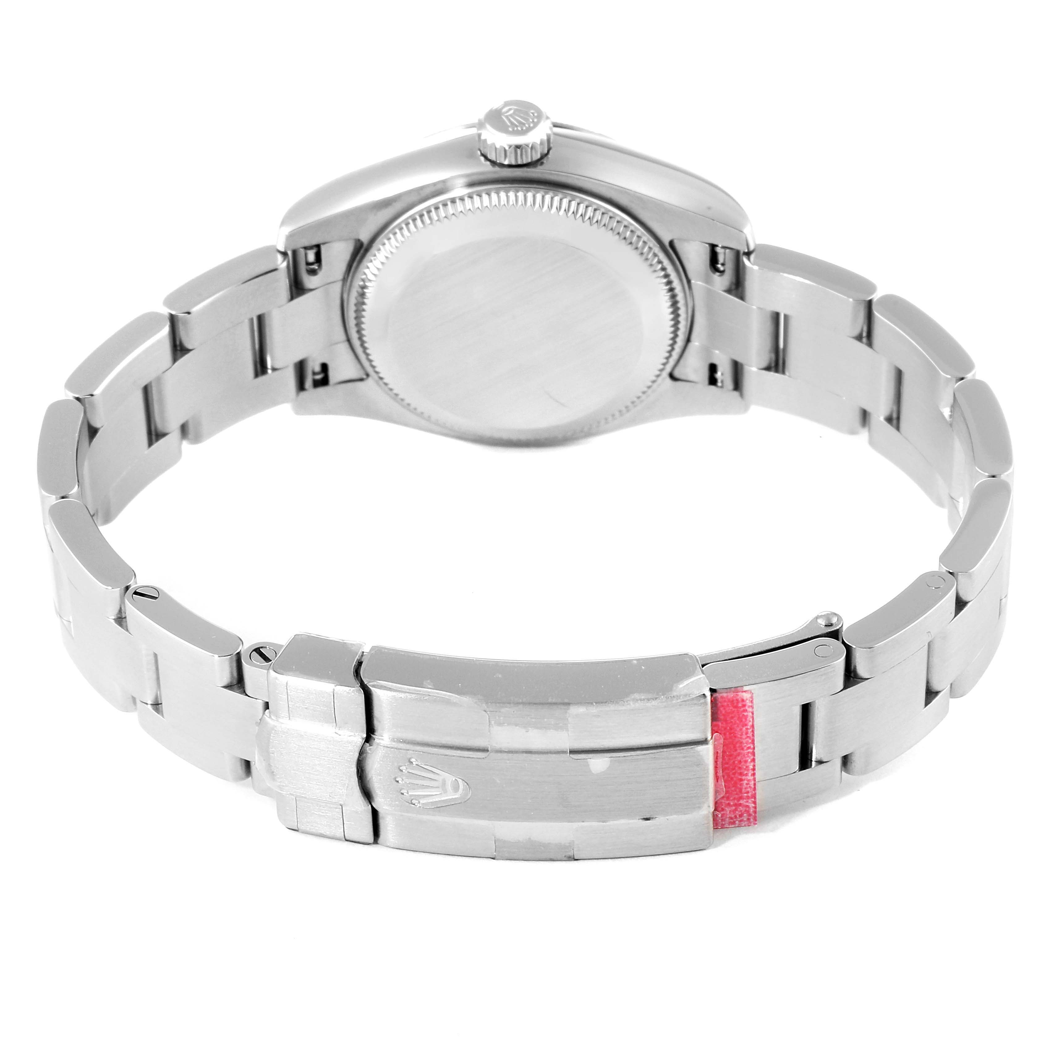 The image shows the back view of the Rolex Oyster Perpetual 176210 Women
s Stainless Steel Blue Dial 176210 Women
s Stainless Steel Blue Dial watch, highlighting its case back, bracelet, and clasp.