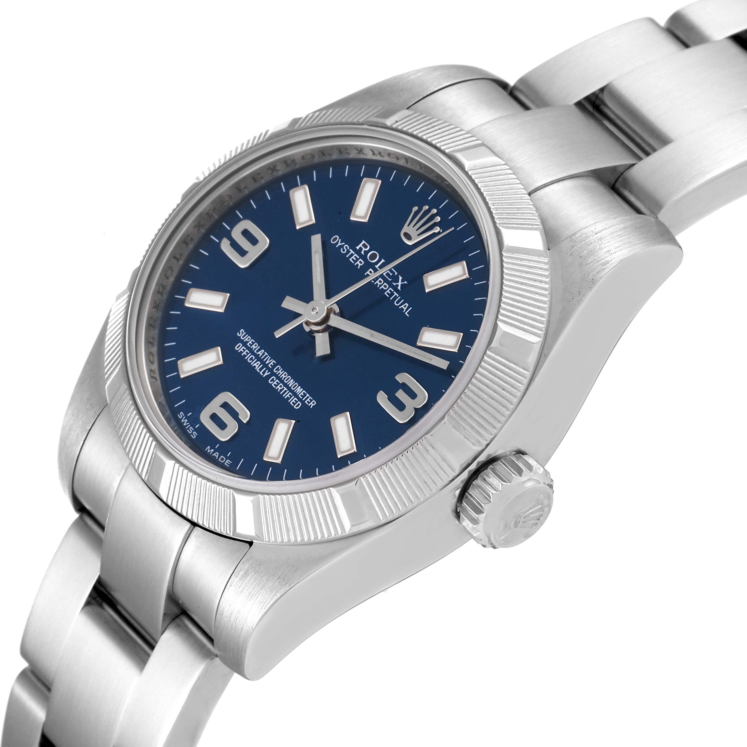 The image shows a close-up angle of a Rolex Oyster Perpetual 176210 Women
s Stainless Steel Blue Dial 176210 Women
s Stainless Steel Blue Dial watch highlighting the dial, bezel, crown, and part of the bracelet.