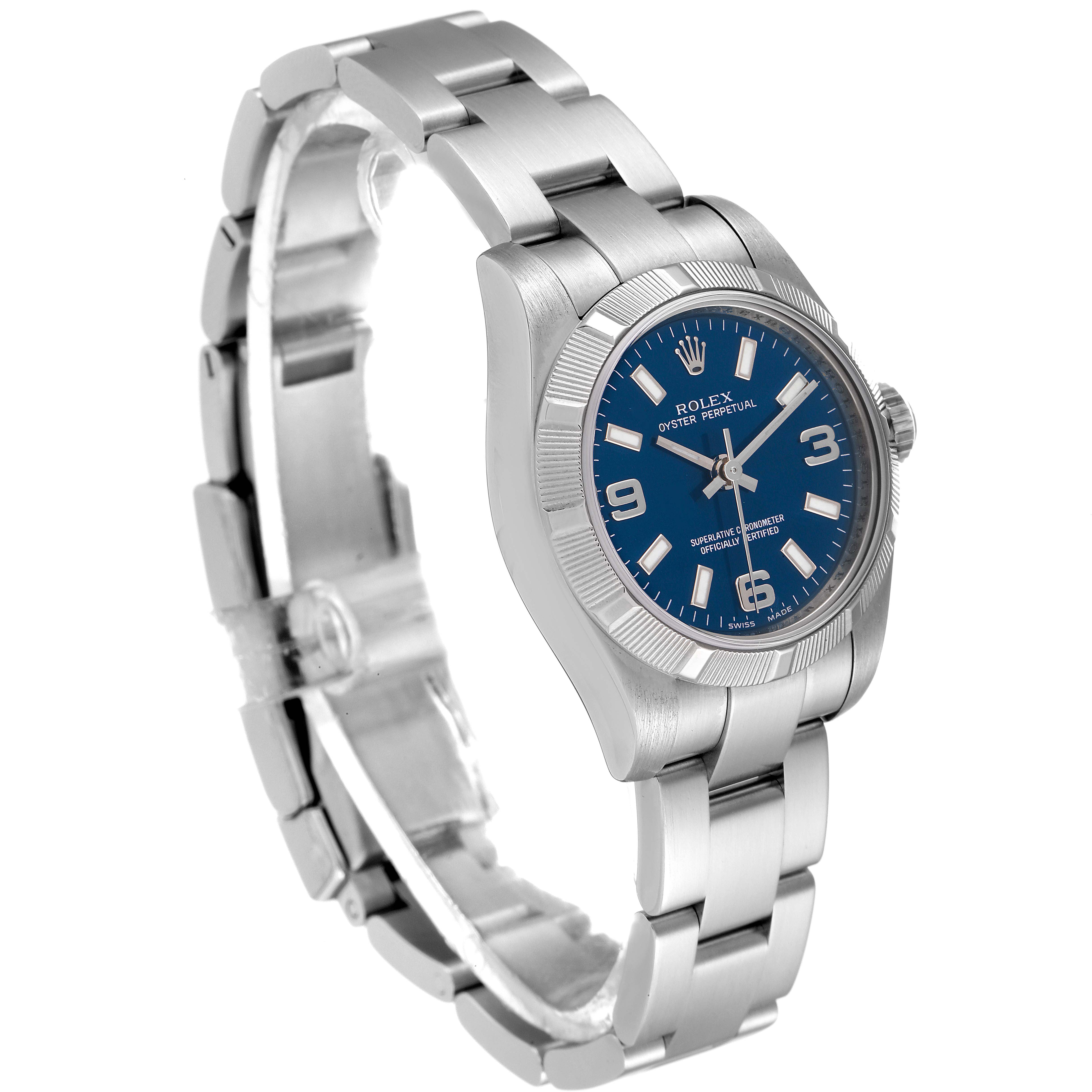 The image shows a Rolex Oyster Perpetual 176210 Women
s Stainless Steel Blue Dial 176210 Women
s Stainless Steel Blue Dial watch at an oblique angle, highlighting its stainless steel bracelet, blue dial, and fluted bezel.