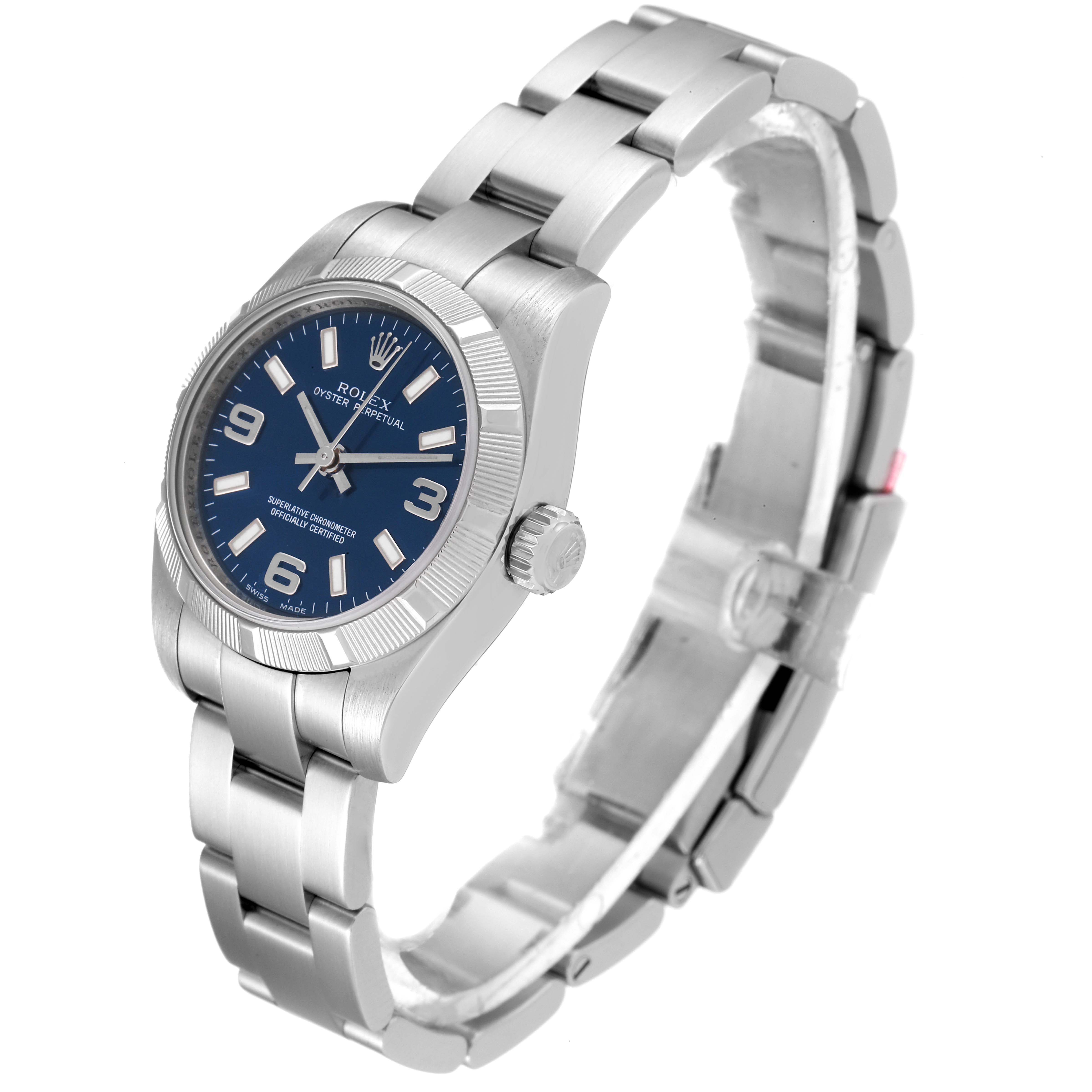 This image shows a side angle view of the Rolex Oyster Perpetual 176210 Women
s Stainless Steel Blue Dial 176210 Women
s Stainless Steel Blue Dial watch, highlighting its blue dial, crown, and metal bracelet.