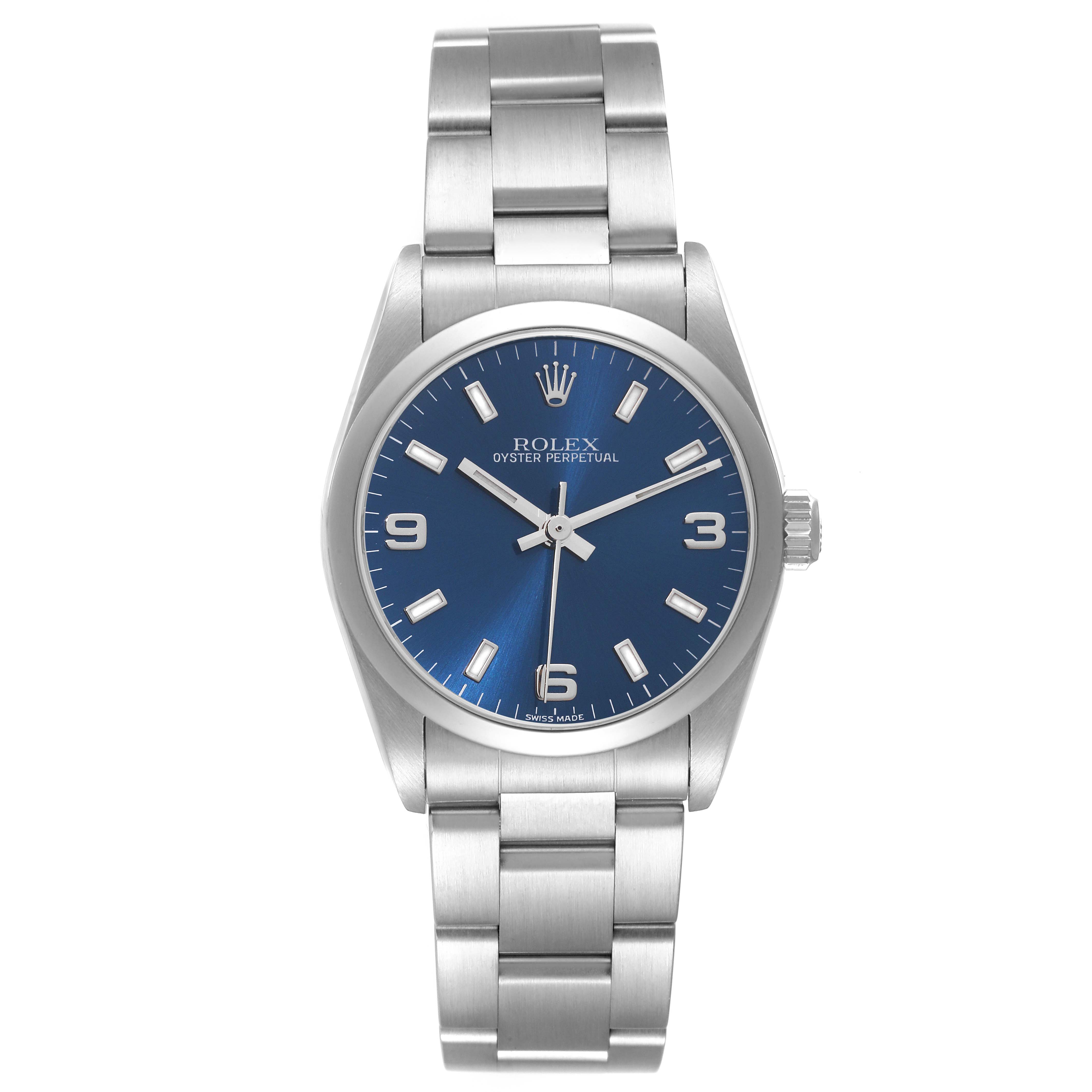The image shows a Rolex Oyster Perpetual Mid-Size watch from a straight-on angle, featuring its blue dial and stainless steel bracelet.