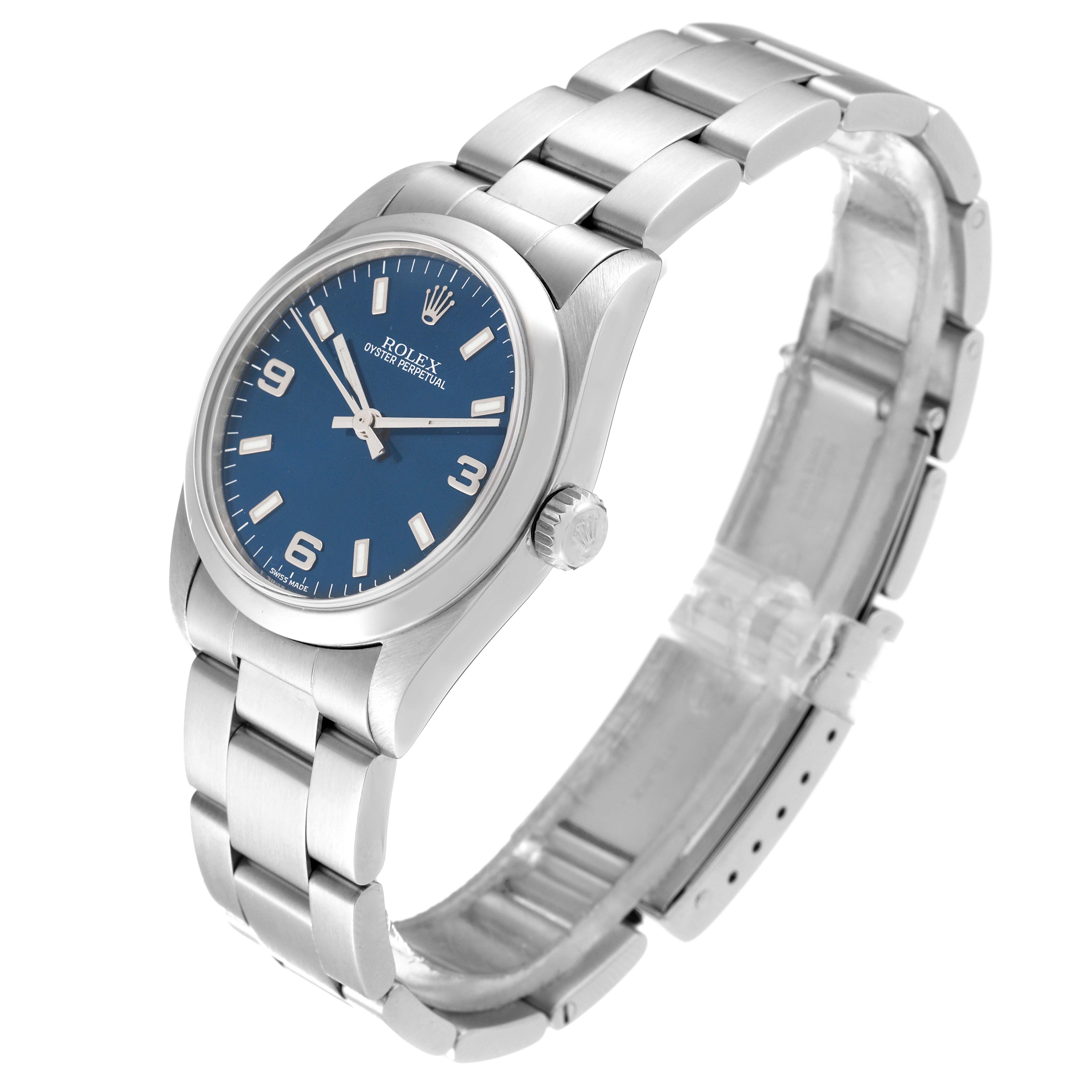 The Rolex Mid-Size 77080 Women's Stainless Steel Blue Dial 77080 Women's Stainless Steel Blue Dial watch is shown at a three-quarter angle, highlighting the face, crown, and stainless steel bracelet.