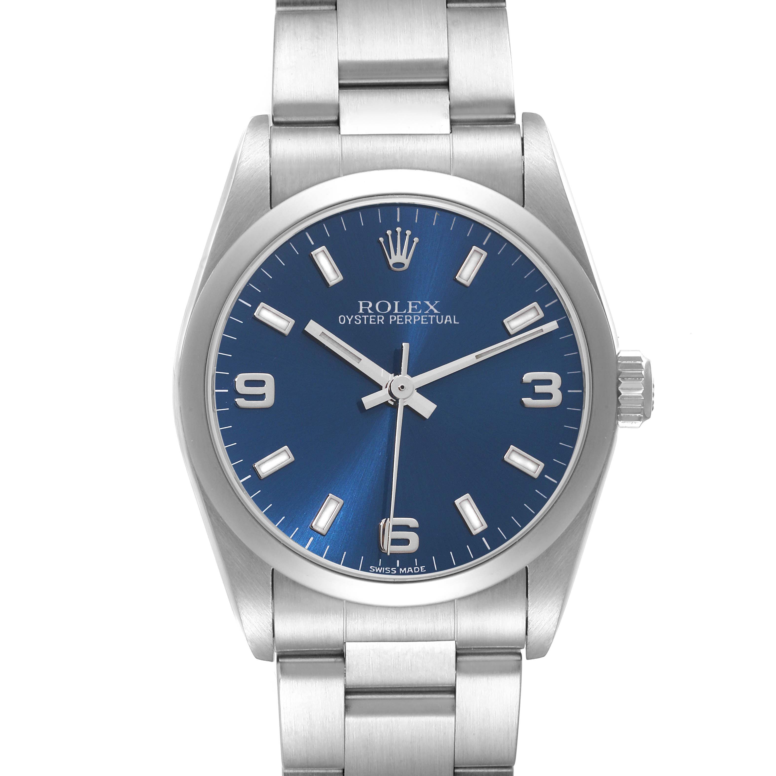 This image shows a front view of a Mid-Size Rolex Oyster Perpetual watch with a blue dial and silver bracelet.