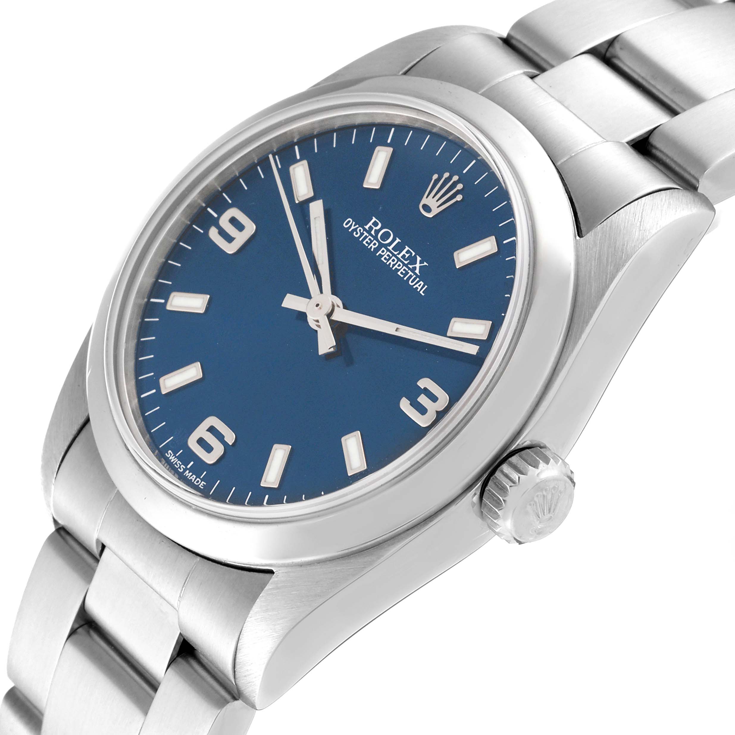 A Mid-Size Rolex watch shown at an angle, displaying the dial, bezel, crown, and bracelet.