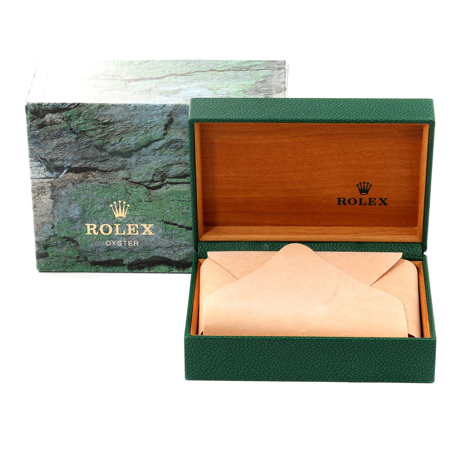 The image shows the opened green and wood Rolex box and outer box for a Mid-Size Rolex model.